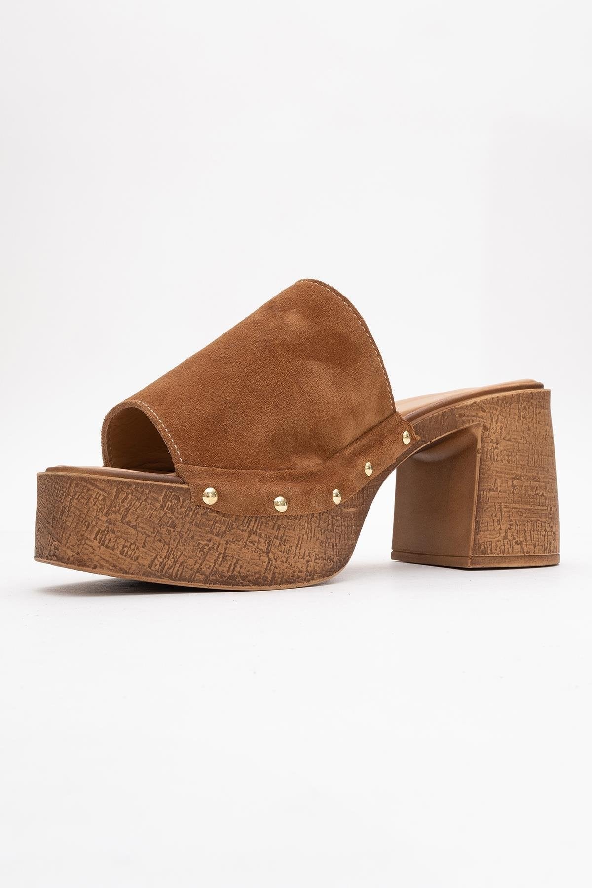 Pull - Cognac Brown Suede Leather Heeled Mules – heel view showing leather, suede, red, Vowalisse