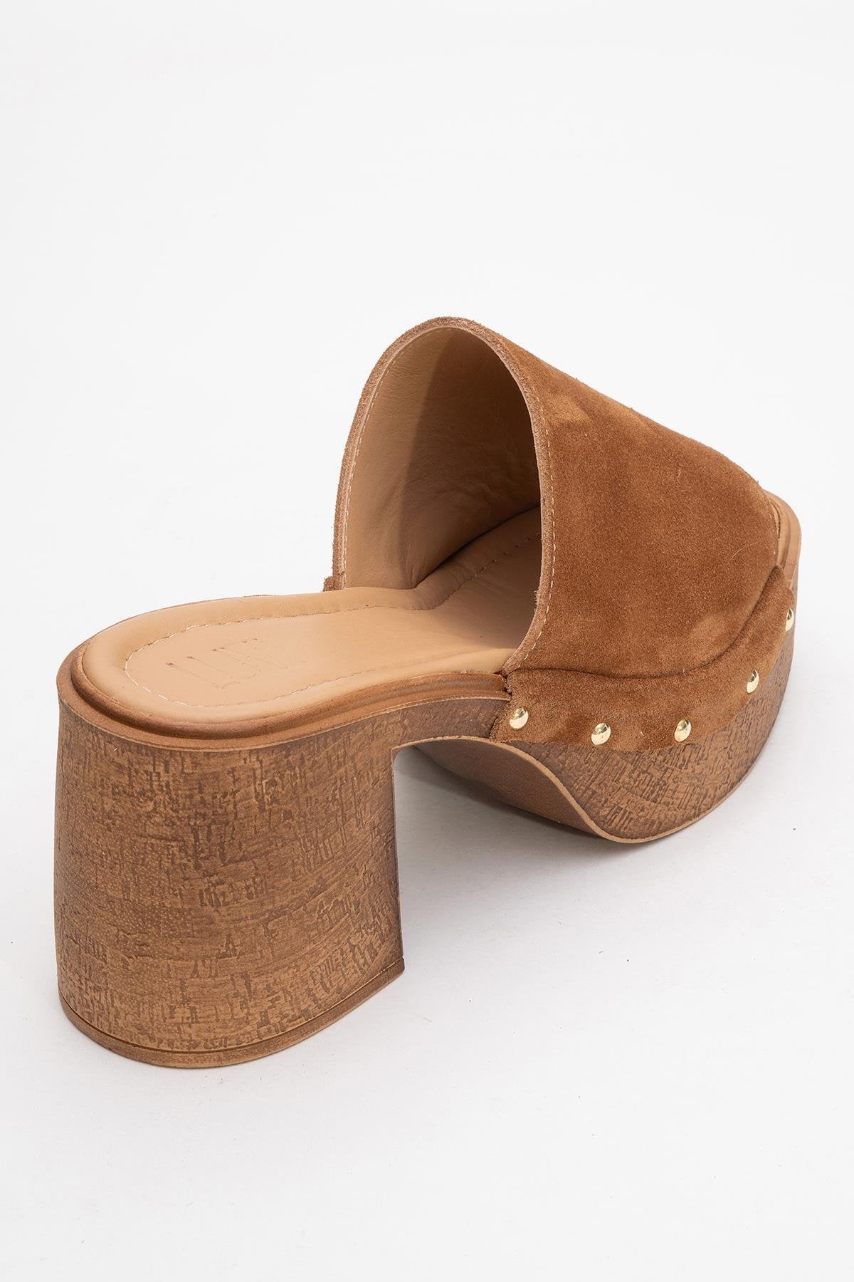 Pull - Cognac Brown Suede Leather Heeled Mules – back view showing leather, suede, red, Vowalisse