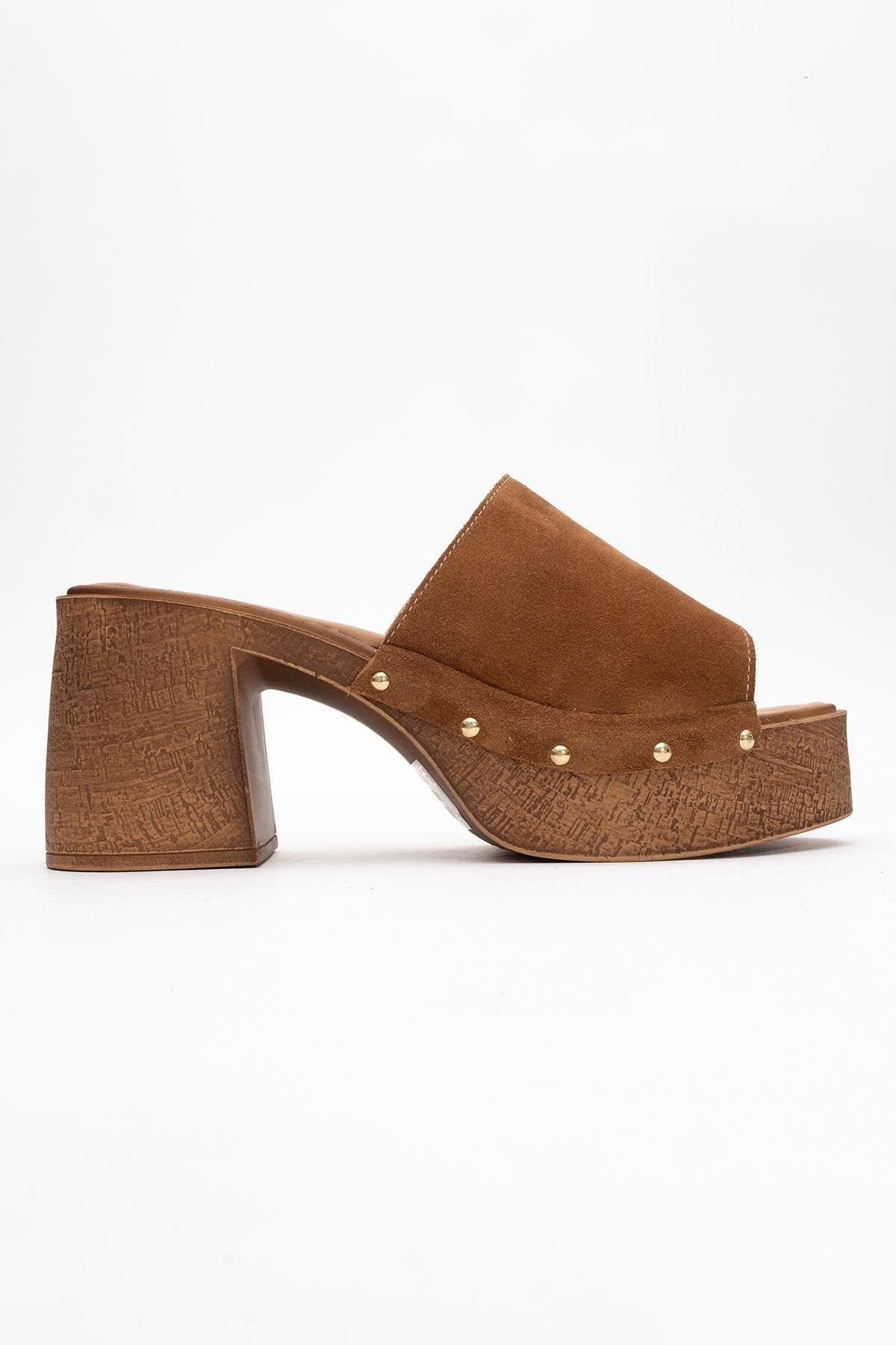 Pull - Cognac Brown Suede Leather Heeled Mules – top view showing leather, suede, red, Vowalisse