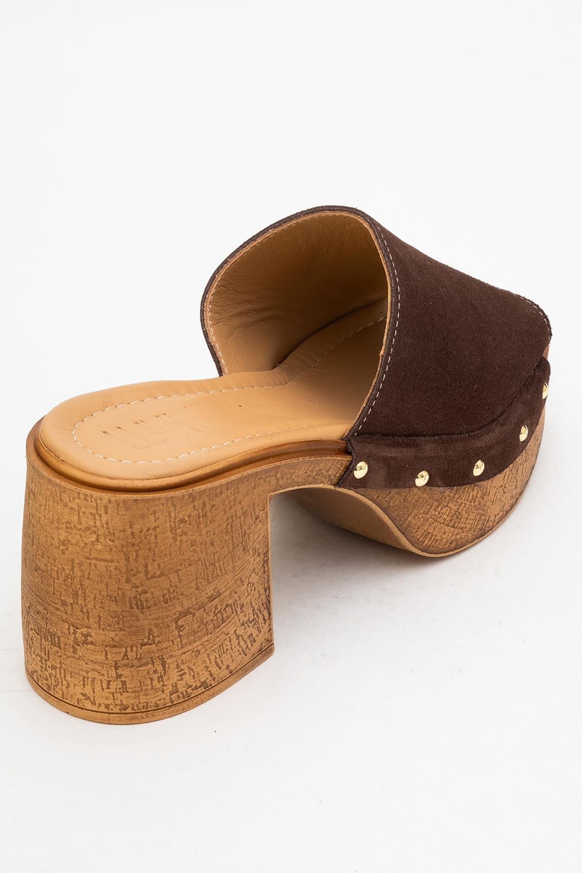 Pull - Dark Brown Suede Leather Heeled Mules – back view showing leather, suede, red, Vowalisse