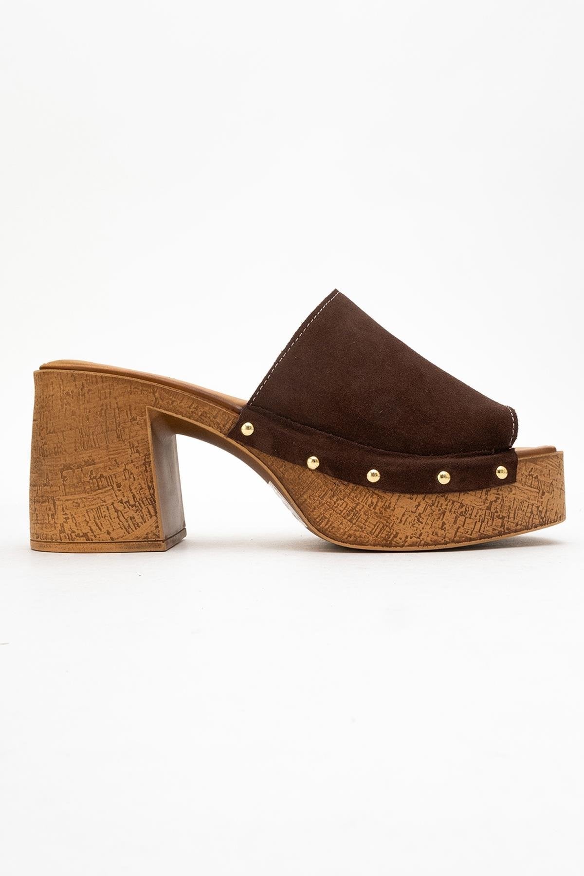 Pull - Dark Brown Suede Leather Heeled Mules – top view showing leather, suede, red, Vowalisse