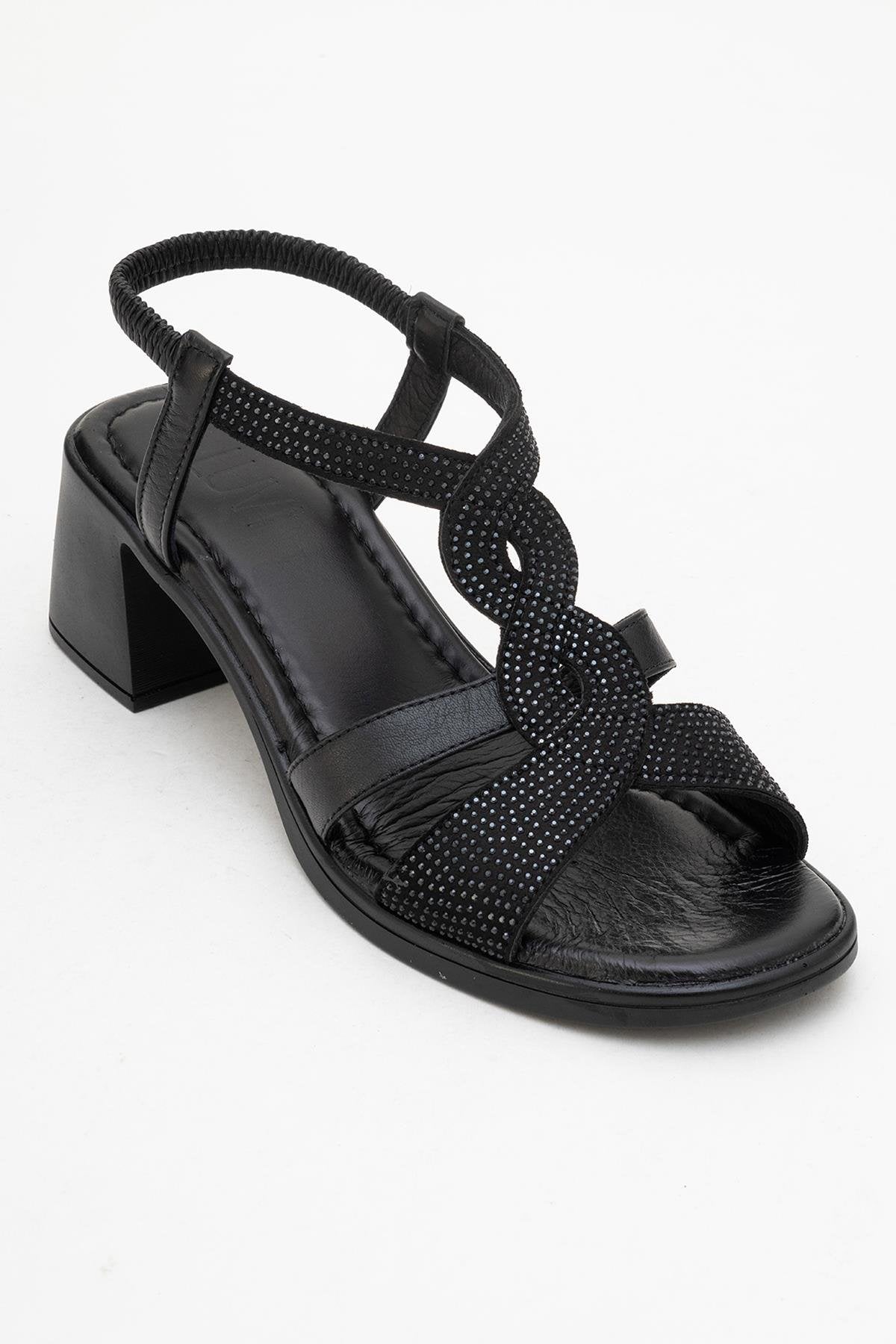 Dolen Black Leather Chunky Sandal – detail view showing leather, black, red, Vowalisse
