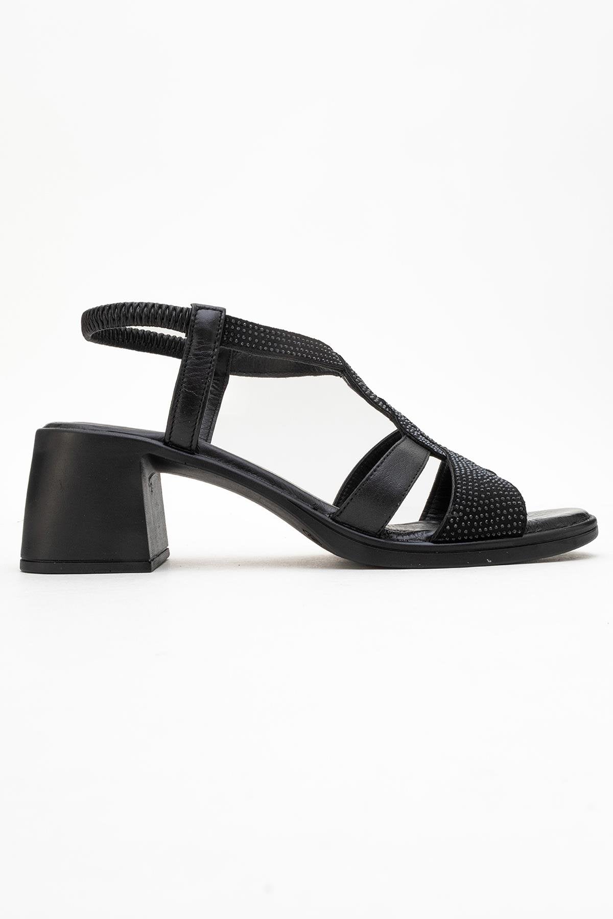 Dolen Black Leather Chunky Sandal – top view showing leather, black, red, Vowalisse