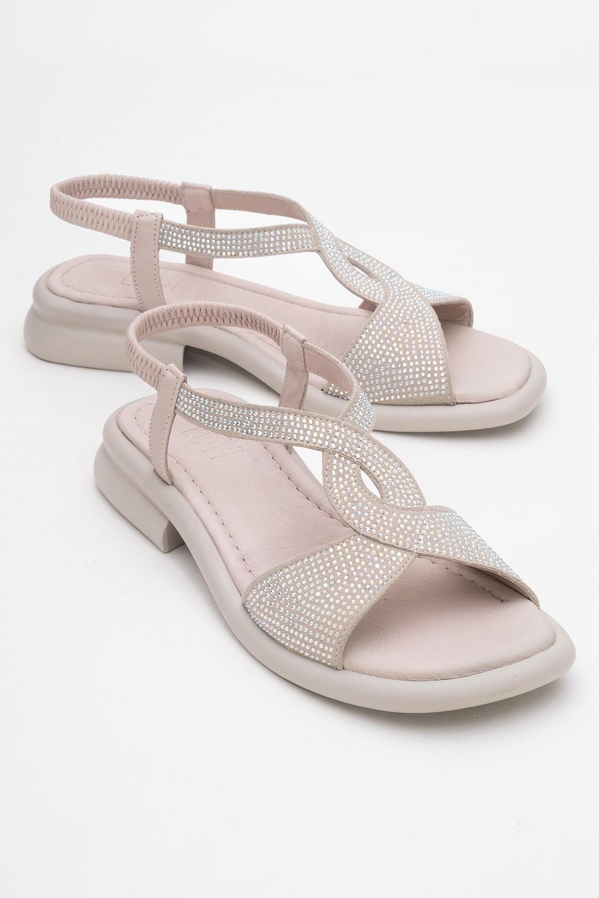 Sieglinde Light Pink Embellished Leather Sandal – front three-quarter view showing crystal, leather, pink, Vowalisse