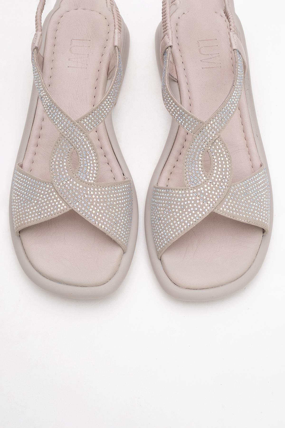 Sieglinde Light Pink Embellished Leather Sandal – side view showing crystal, leather, pink, Vowalisse