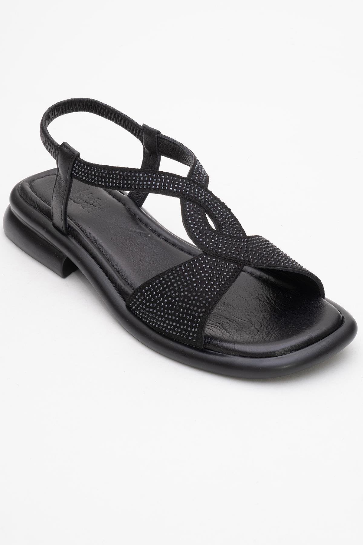 Sieglinde Black Embellished Leather Sandal – detail view showing crystal, leather, black, Vowalisse