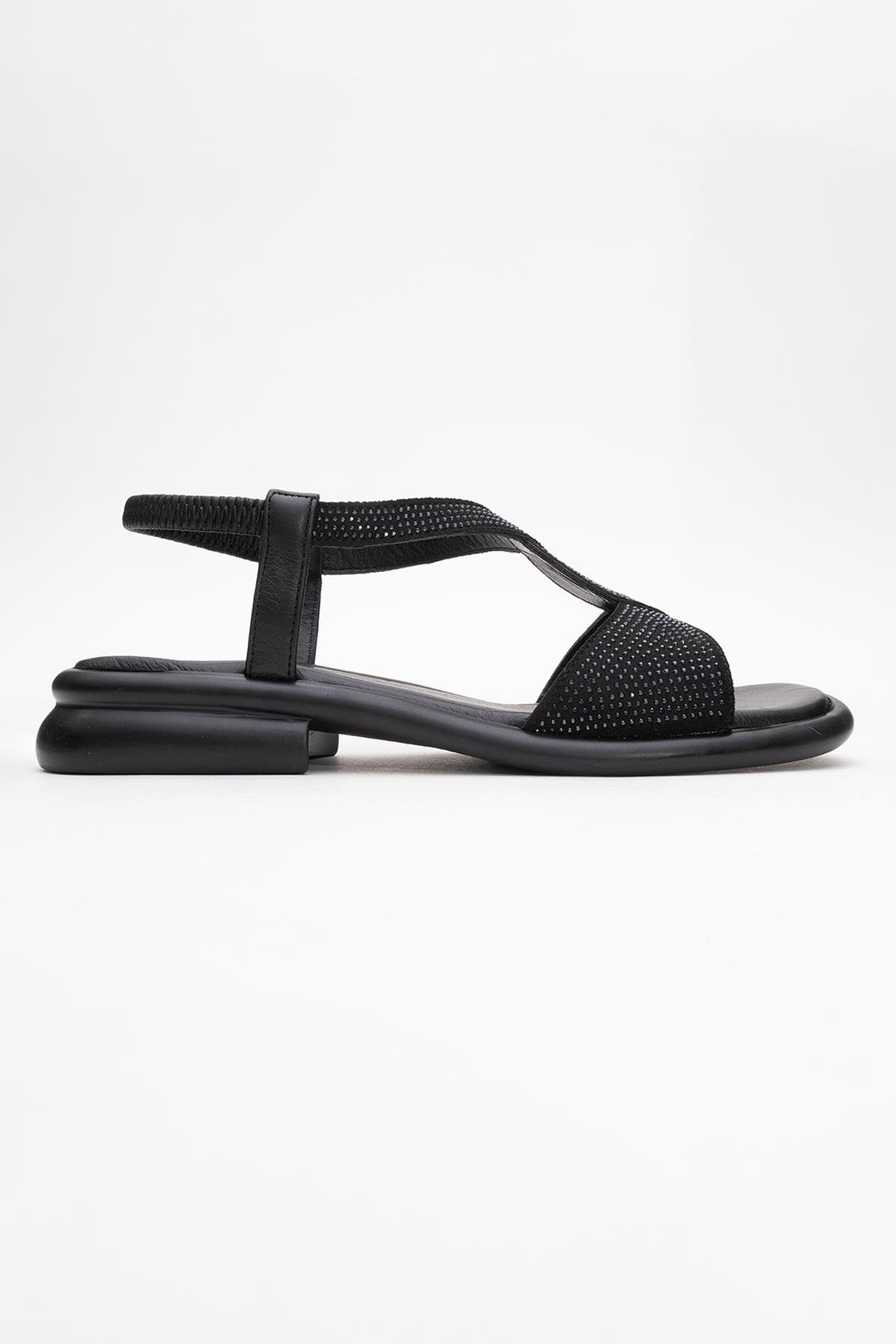 Sieglinde Black Embellished Leather Sandal – top view showing crystal, leather, black, Vowalisse