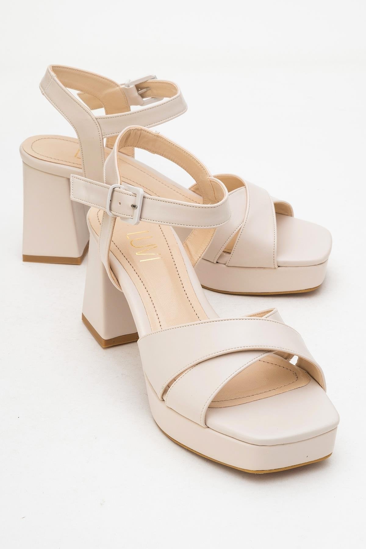 Lisbon - Beige Cross-Strap Platform Heel Shoe – front three-quarter view showing leather, Vowalisse