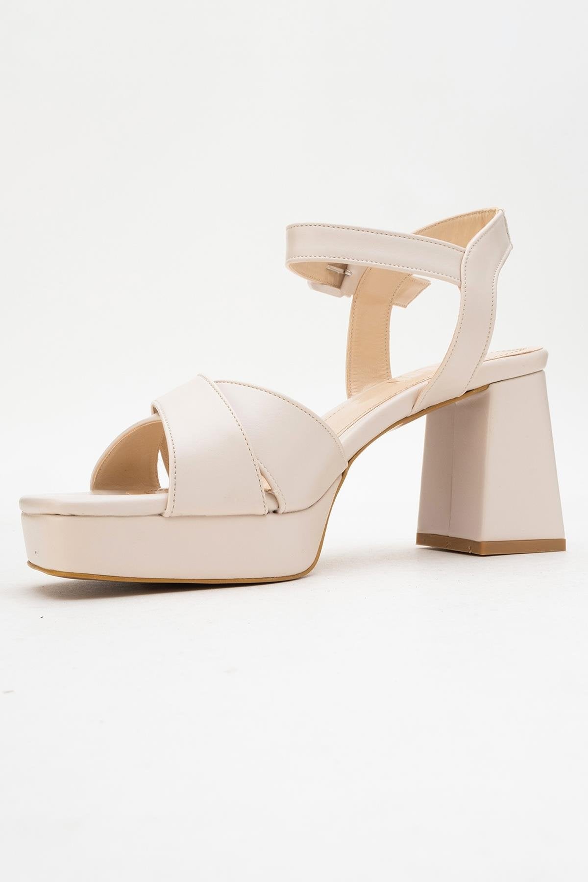 Lisbon - Beige Cross-Strap Platform Heel Shoe – heel view showing leather, Vowalisse