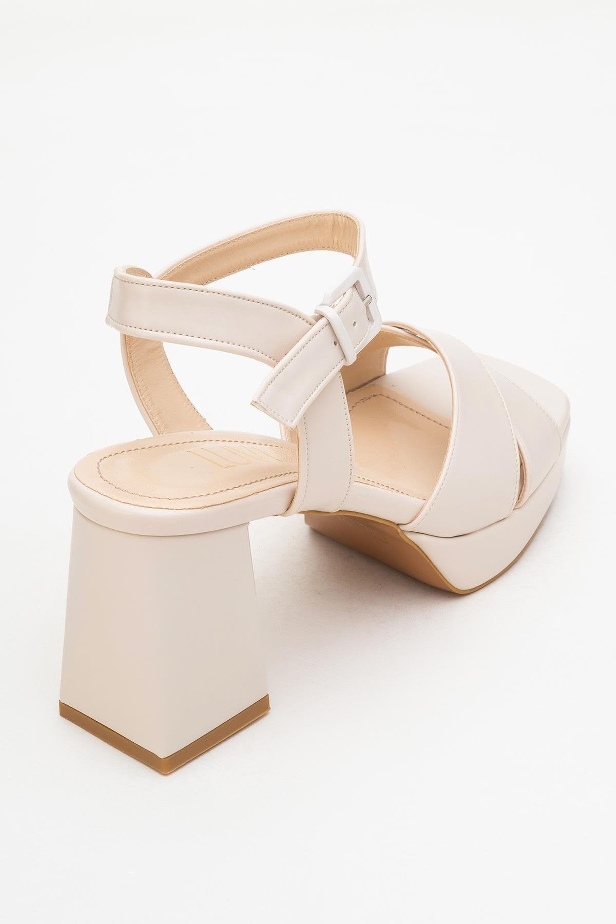 Lisbon - Beige Cross-Strap Platform Heel Shoe – back view showing leather, Vowalisse