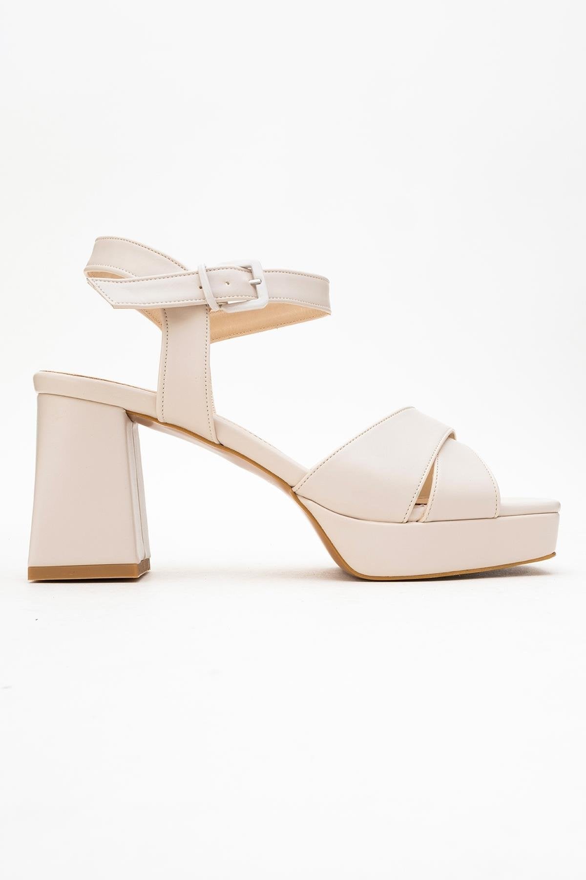 Lisbon - Beige Cross-Strap Platform Heel Shoe – top view showing leather, Vowalisse