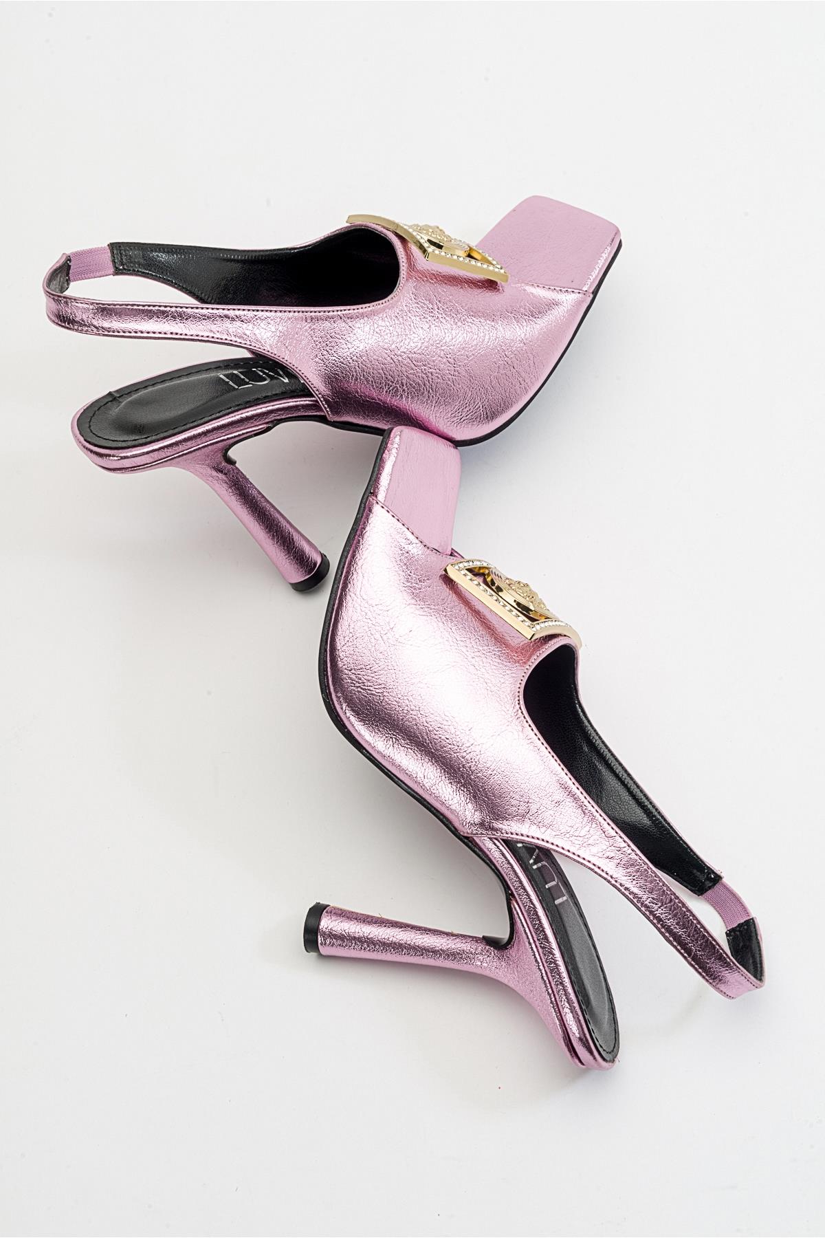 Olney - Pink Heeled Shoe – back view showing leather, pink, Vowalisse