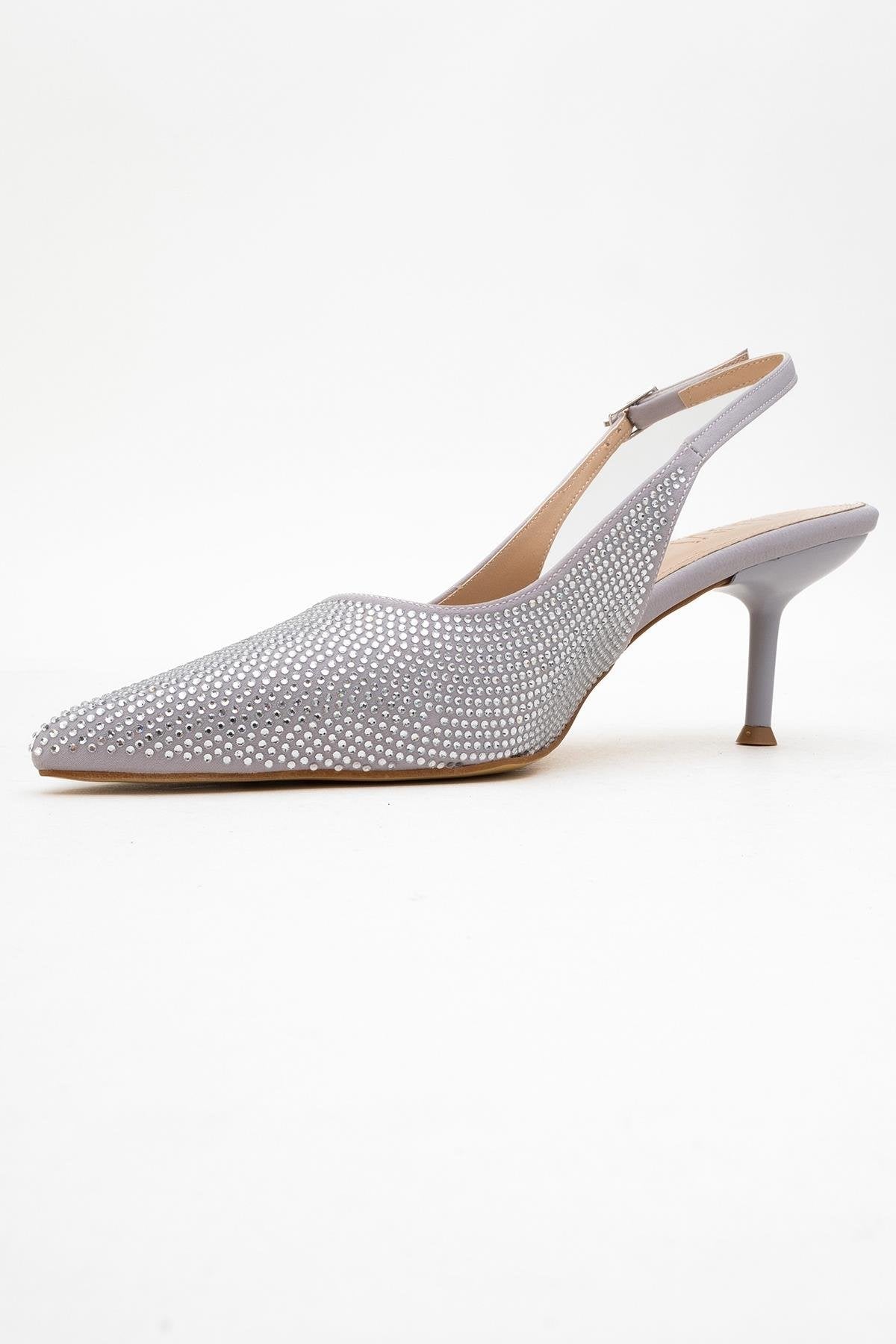 Novs - Silver Stiletto Dress Shoe – heel view showing leather, silver, Vowalisse
