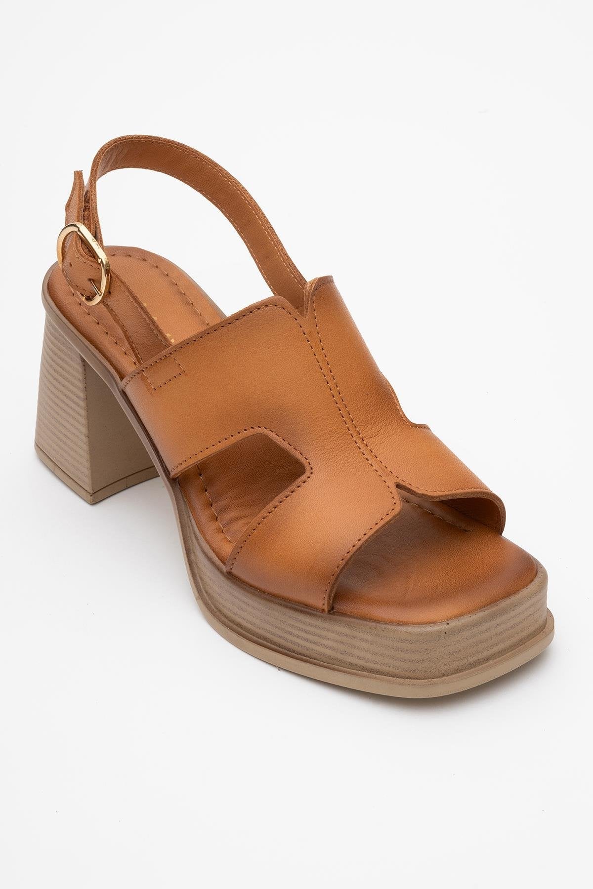 Zennia - Cognac Brown Leather Platform Sandal – detail view showing leather, Vowalisse