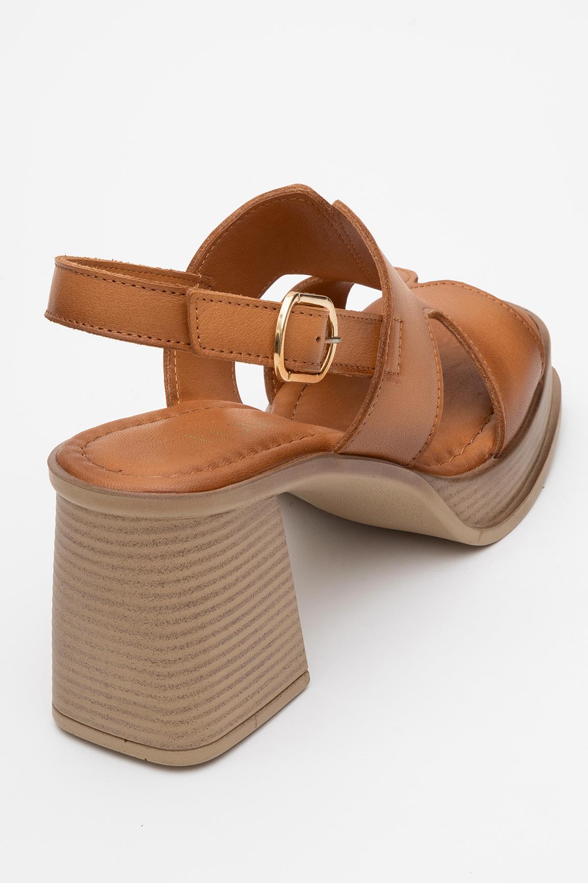 Zennia - Cognac Brown Leather Platform Sandal – heel view showing leather, Vowalisse
