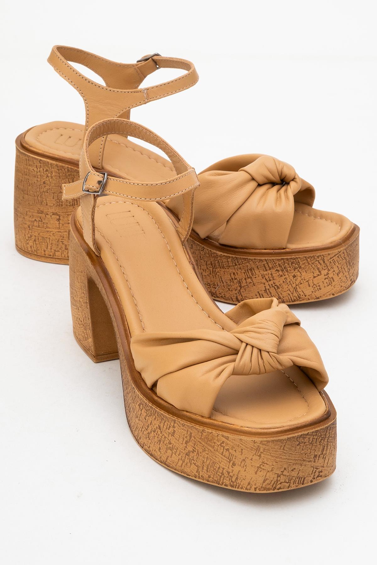 Tily - Cognac Platform Wedge Leather Sandal – front three-quarter view showing leather, Vowalisse