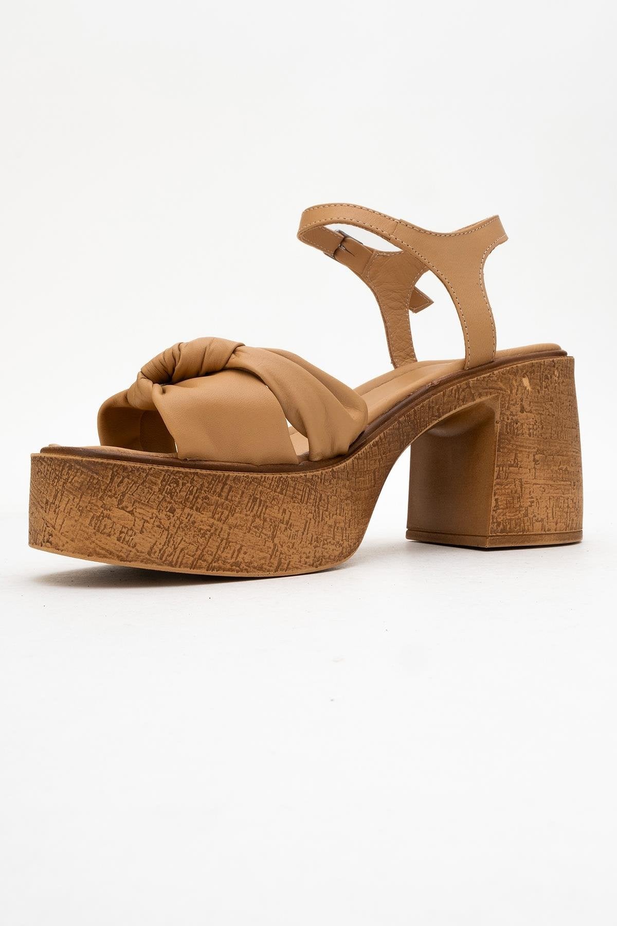 Tily - Cognac Platform Wedge Leather Sandal – heel view showing leather, Vowalisse