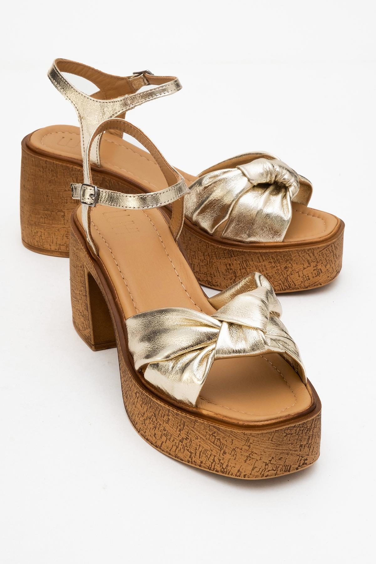 Tily - Gold Platform Wedge Leather Sandal – front three-quarter view showing leather, gold, Vowalisse