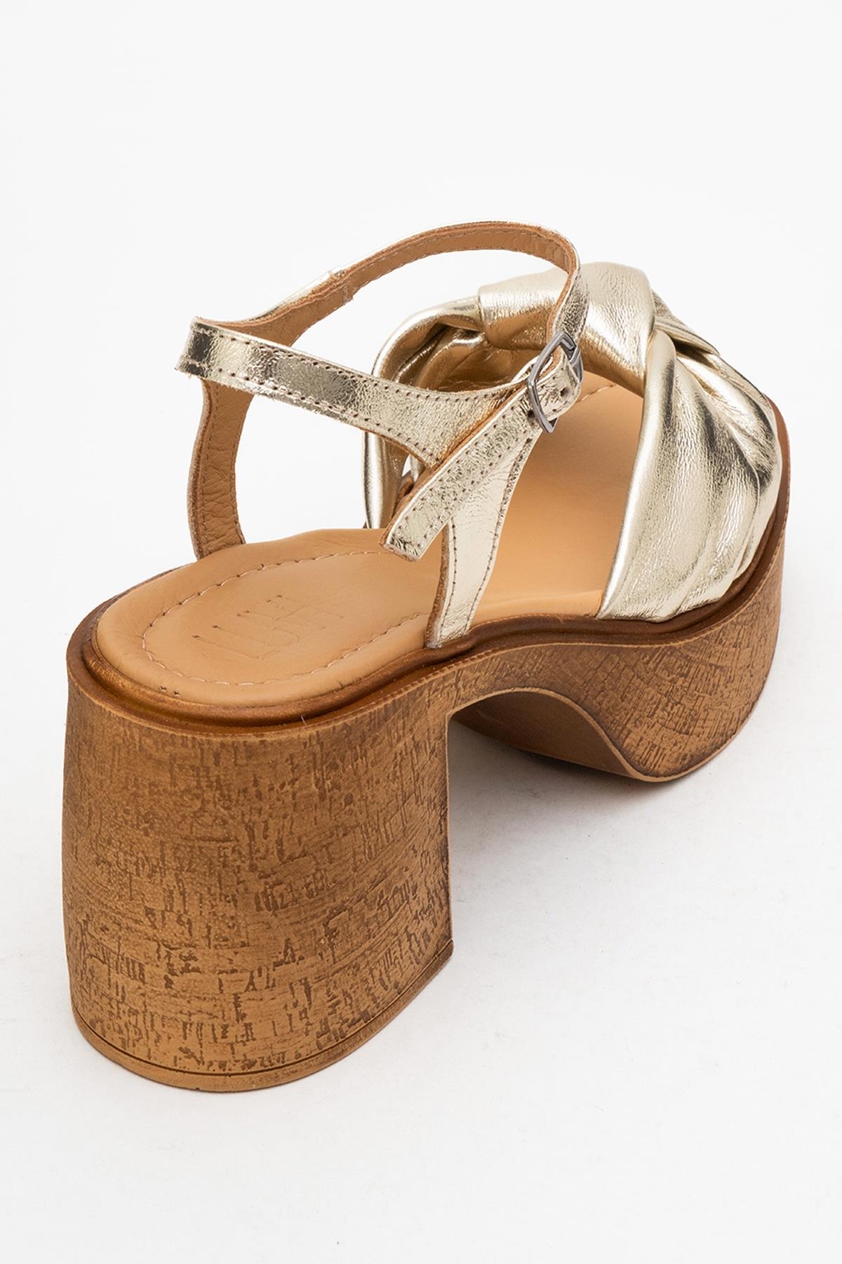 Tily - Gold Platform Wedge Leather Sandal – back view showing leather, gold, Vowalisse