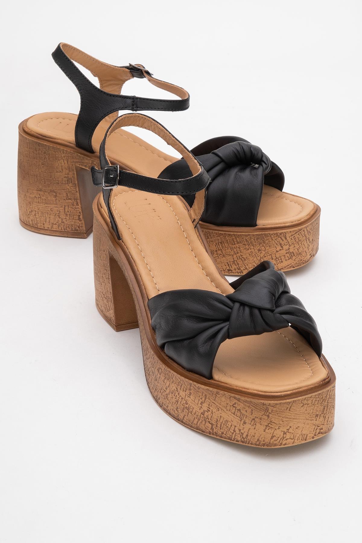 Tily - Black Platform Wedge Leather Sandal – front three-quarter view showing leather, black, Vowalisse