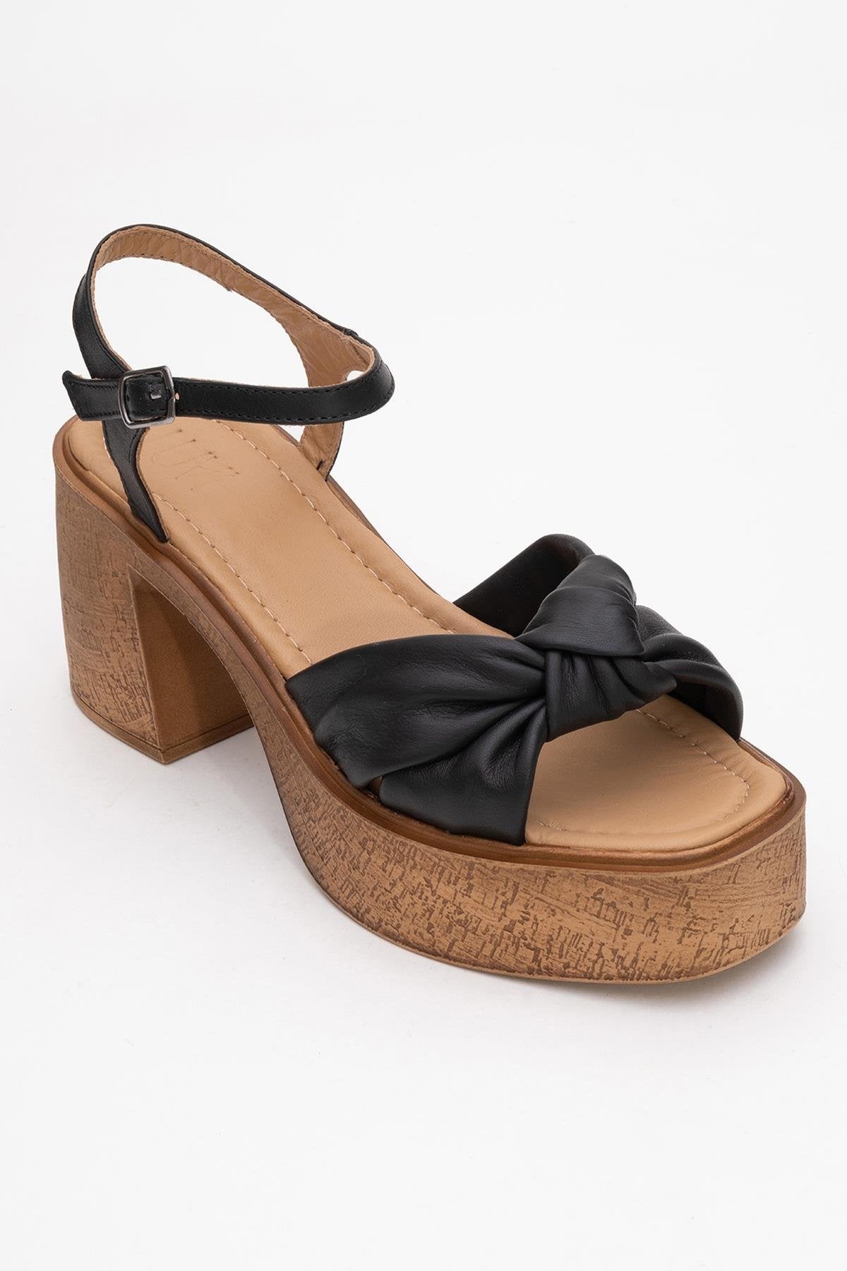 Tily - Black Platform Wedge Leather Sandal – detail view showing leather, black, Vowalisse