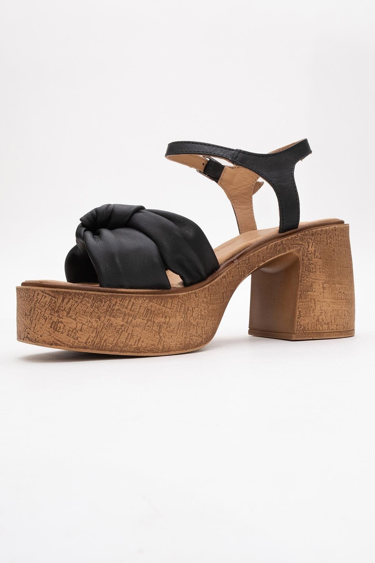 Tily - Black Platform Wedge Leather Sandal – heel view showing leather, black, Vowalisse