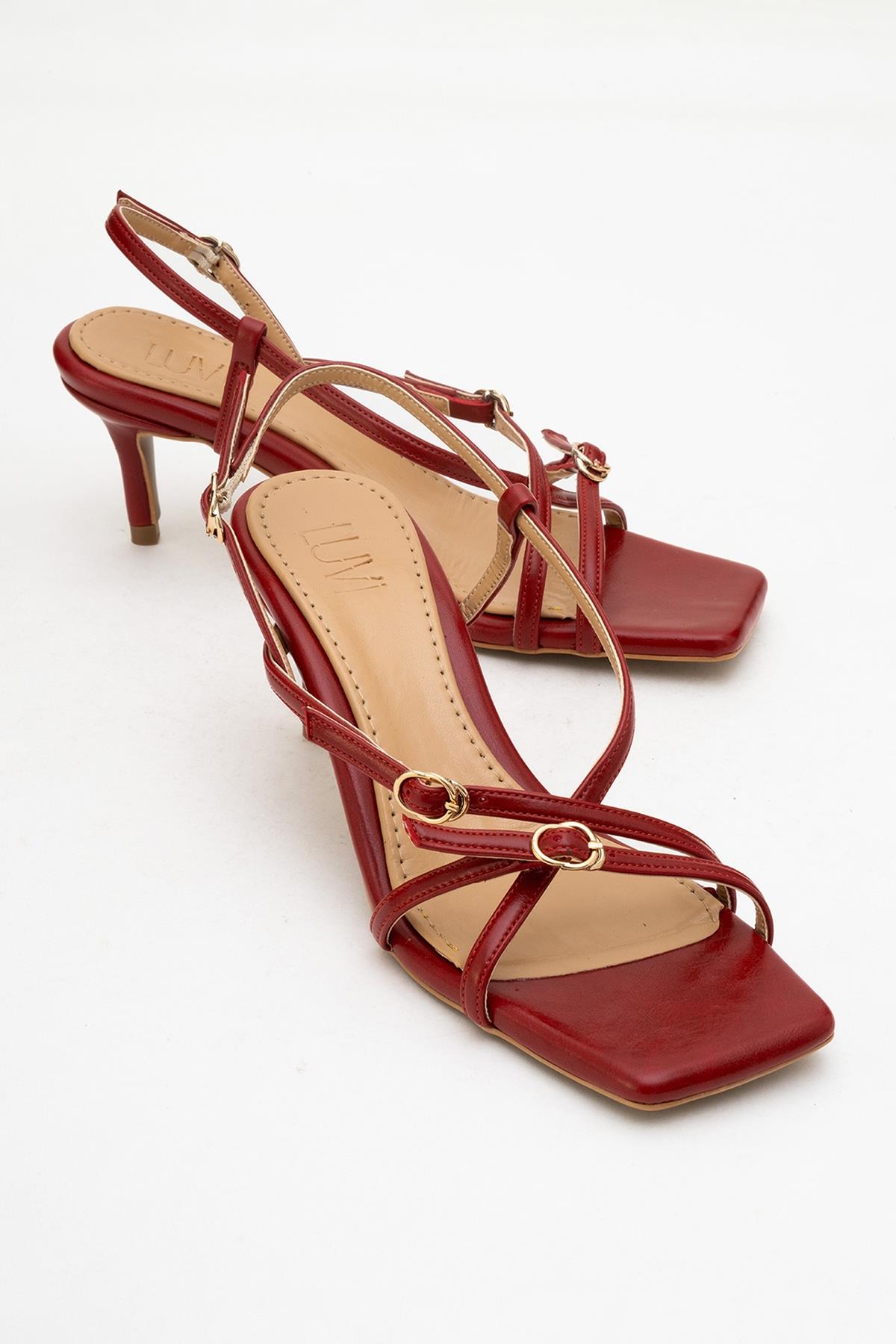 Chaka - Red Buckled Square Toe Heeled Sandal – front three-quarter view showing leather, red, Vowalisse