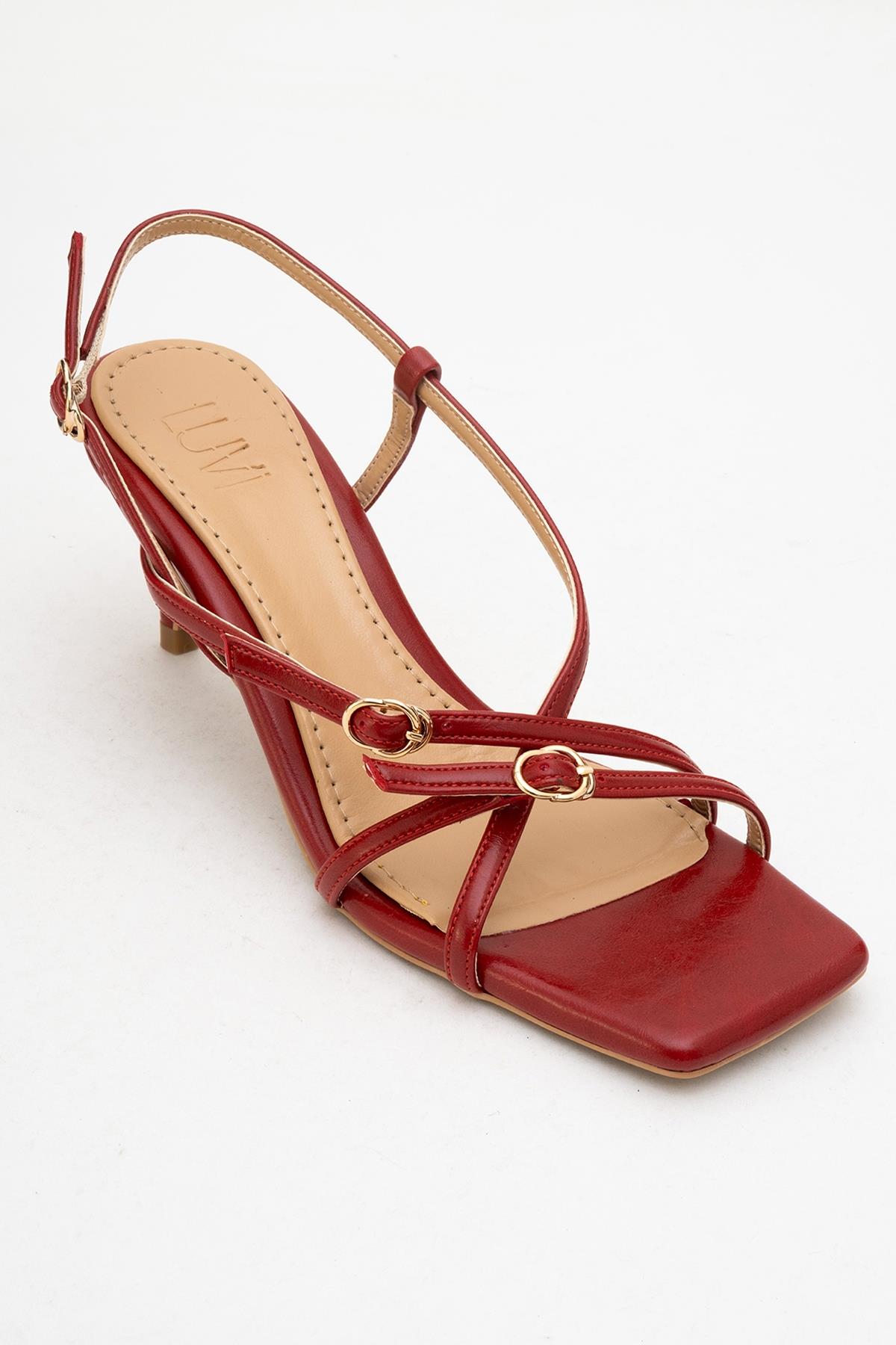 Chaka - Red Buckled Square Toe Heeled Sandal – detail view showing leather, red, Vowalisse