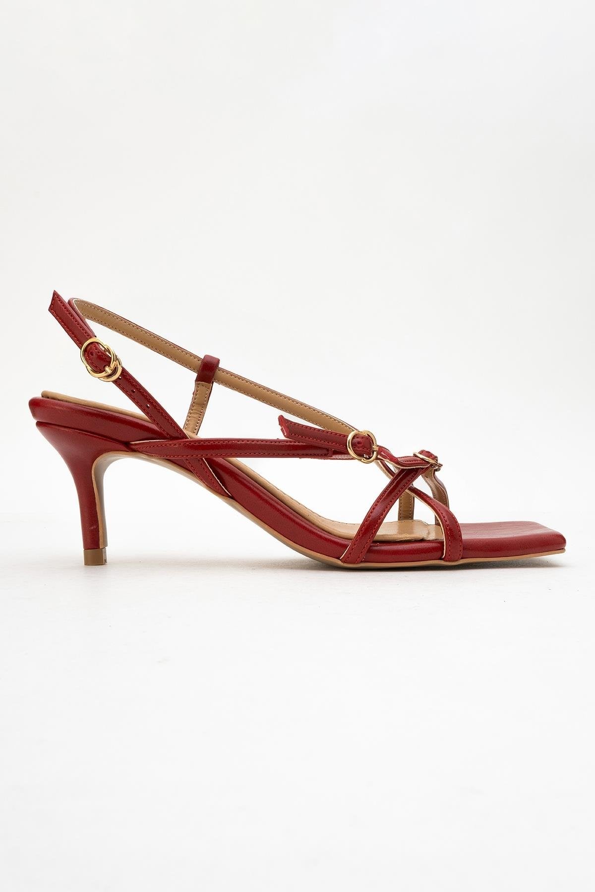 Chaka - Red Buckled Square Toe Heeled Sandal – top view showing leather, red, Vowalisse