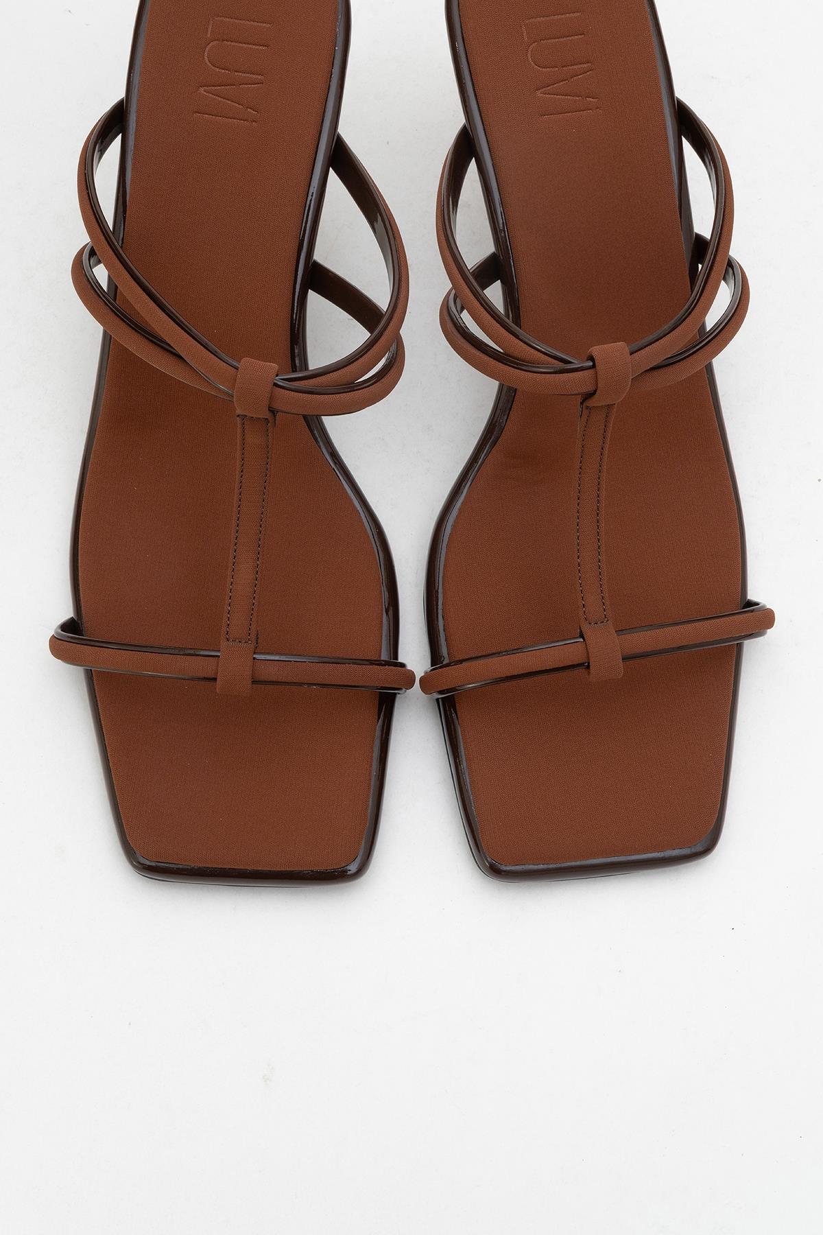 Mocha Brown Square‑Toe Thin‑Strap Heel Sandal – side view showing leather, red, Vowalisse