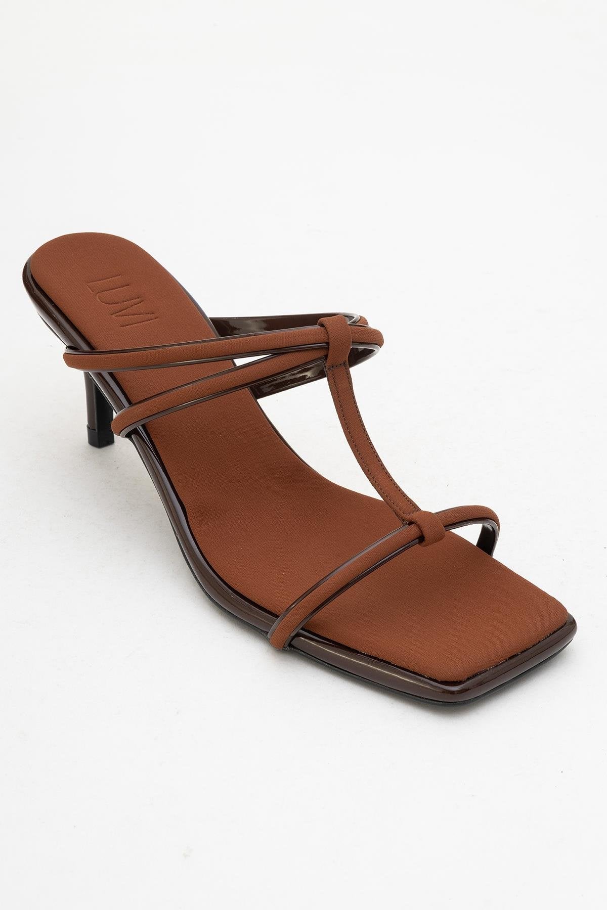 Mocha Brown Square‑Toe Thin‑Strap Heel Sandal – detail view showing leather, red, Vowalisse