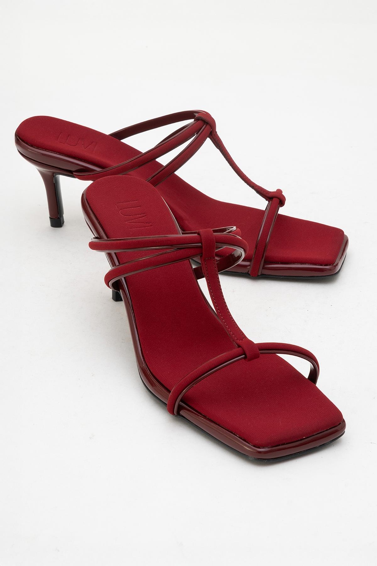 Mocha Burgundy Square‑Toe Thin‑Strap Heel Sandal – front three-quarter view showing leather, red, Vowalisse