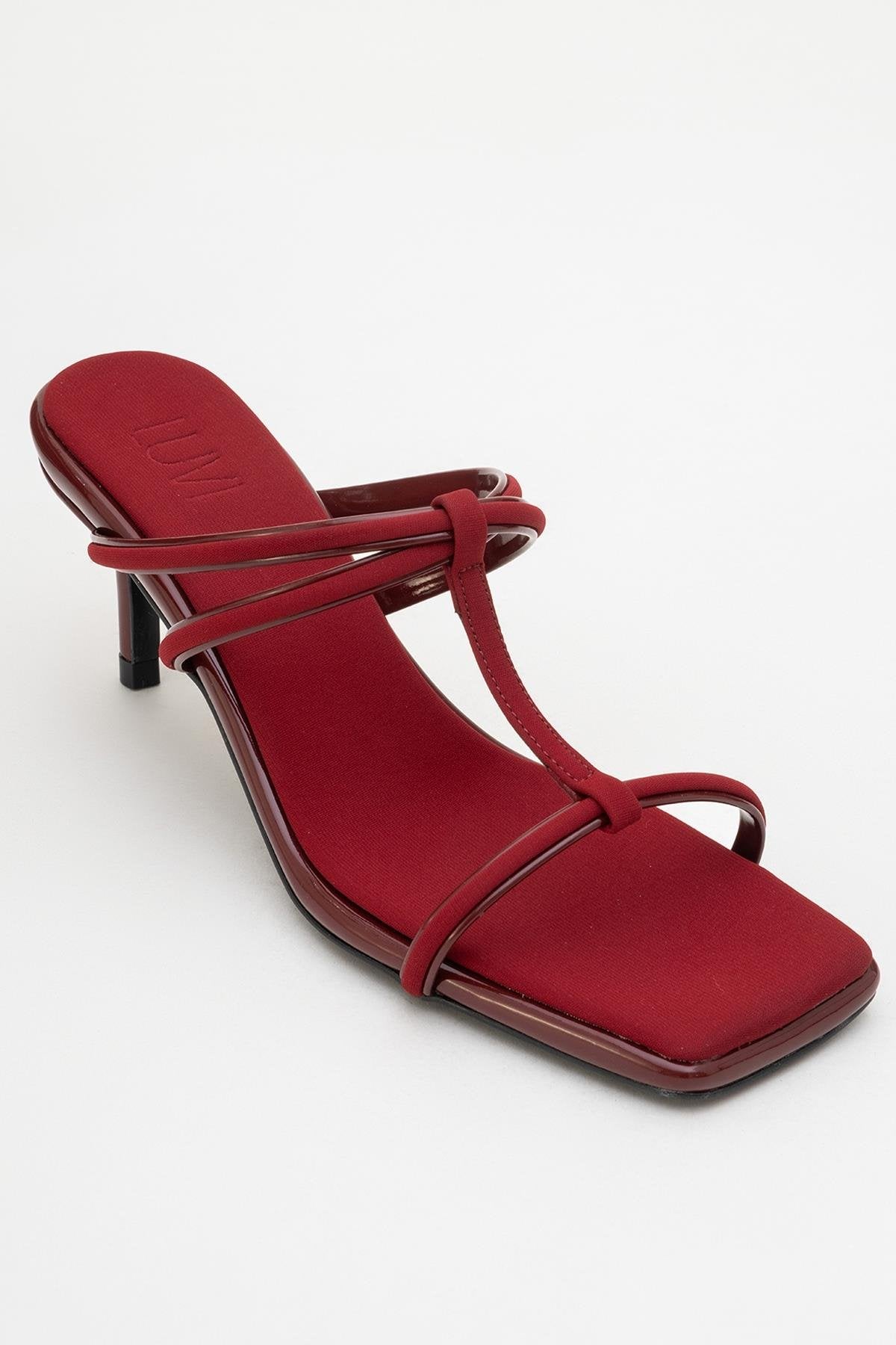 Mocha Burgundy Square‑Toe Thin‑Strap Heel Sandal – detail view showing leather, red, Vowalisse