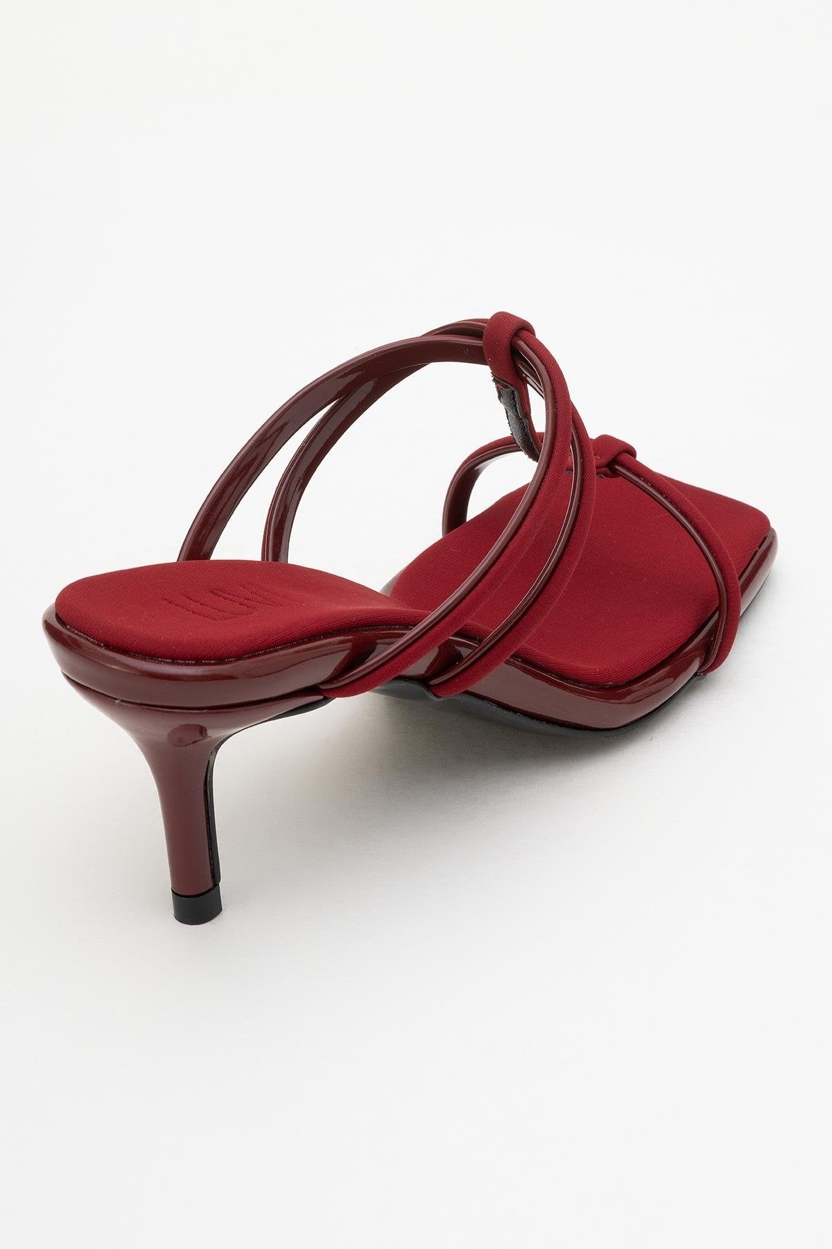 Mocha Burgundy Square‑Toe Thin‑Strap Heel Sandal – back view showing leather, red, Vowalisse