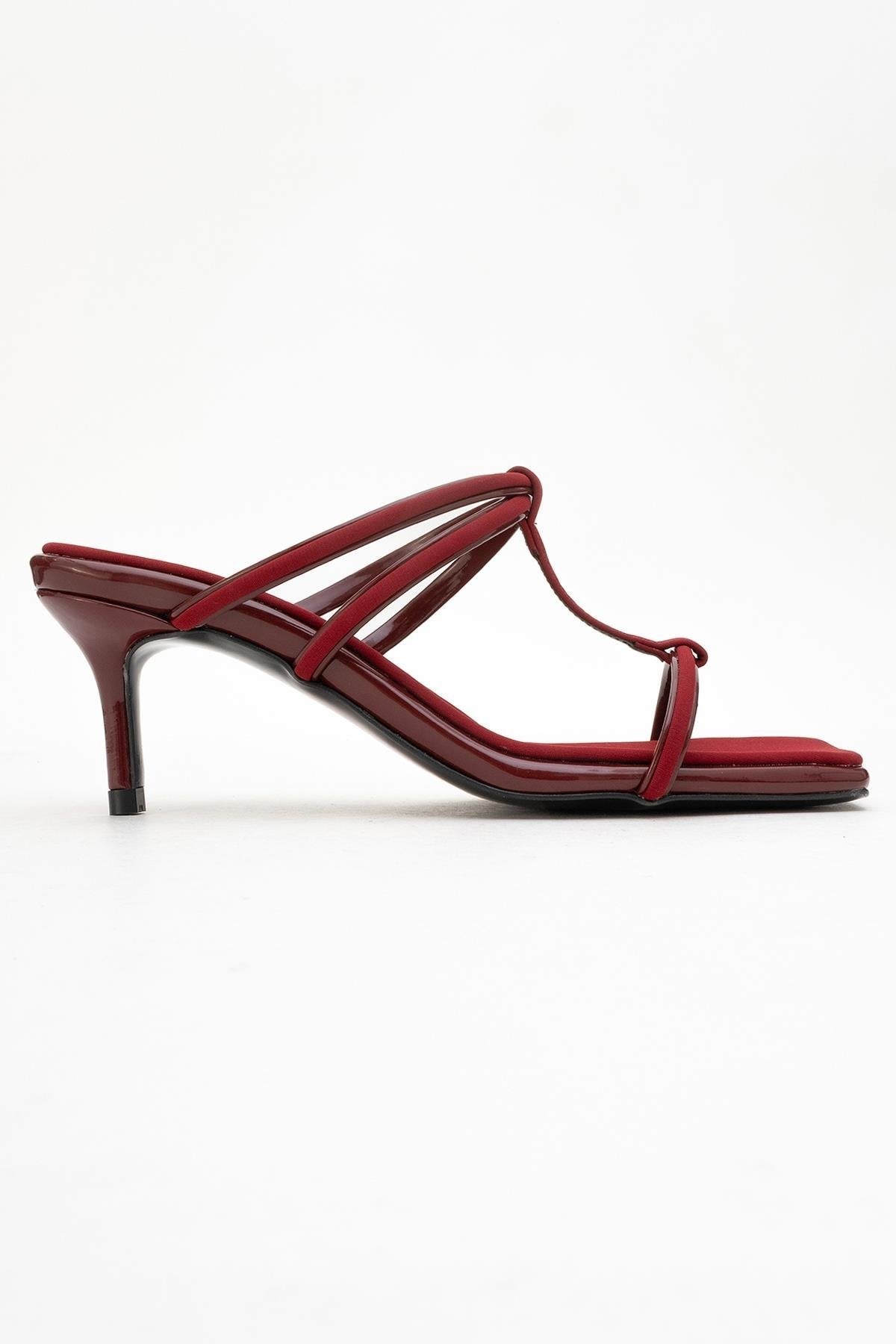 Mocha Burgundy Square‑Toe Thin‑Strap Heel Sandal – top view showing leather, red, Vowalisse