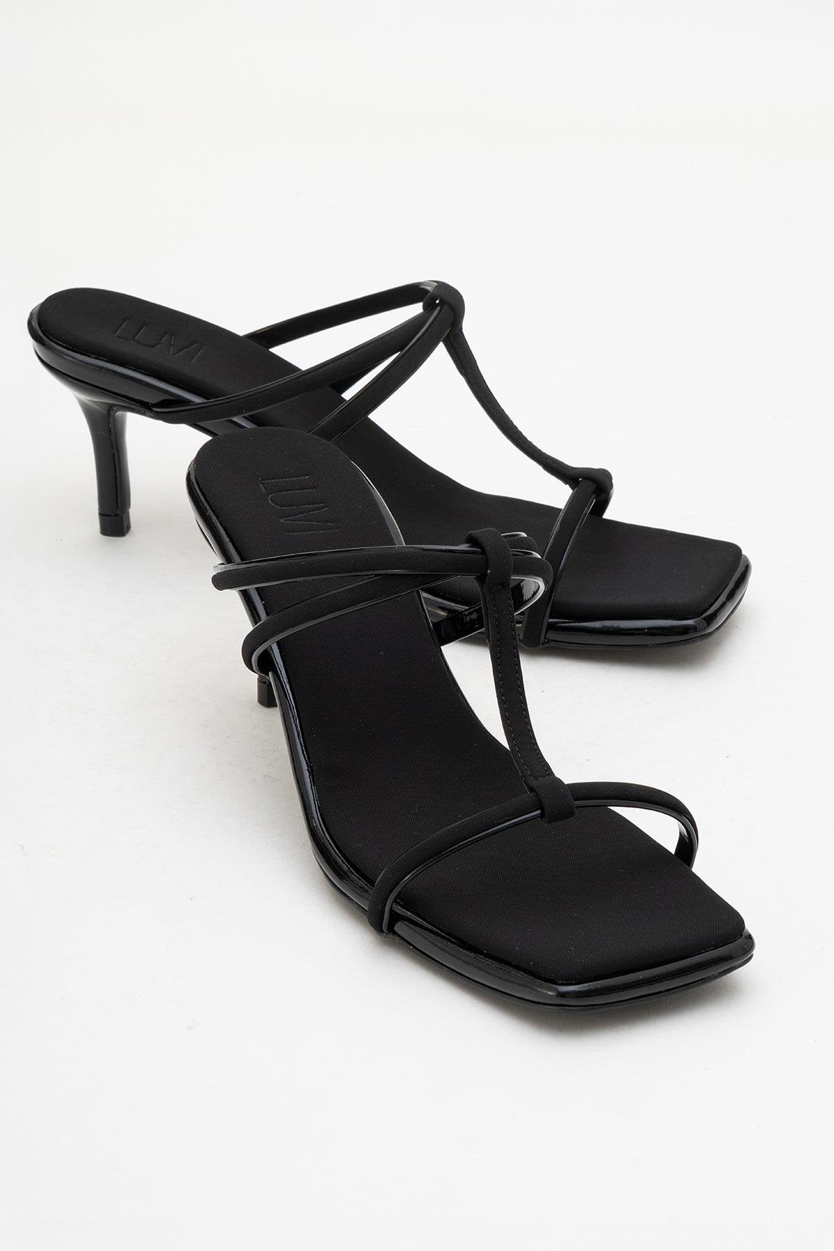 Mocha Black Square‑Toe Thin‑Strap Heel Sandal – front three-quarter view showing leather, black, red, Vowalisse
