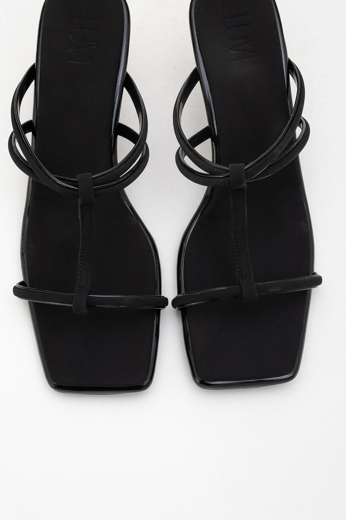 Mocha Black Square‑Toe Thin‑Strap Heel Sandal – side view showing leather, black, red, Vowalisse