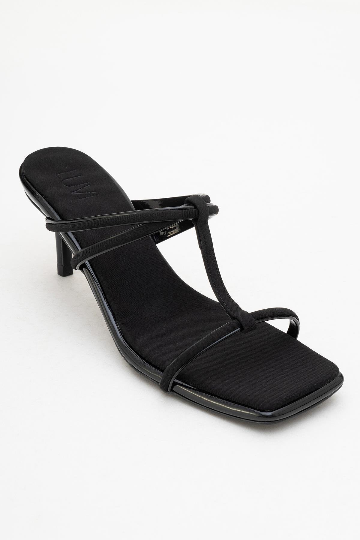 Mocha Black Square‑Toe Thin‑Strap Heel Sandal – detail view showing leather, black, red, Vowalisse