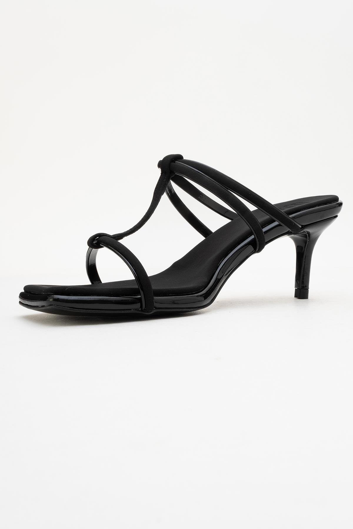 Mocha Black Square‑Toe Thin‑Strap Heel Sandal – heel view showing leather, black, red, Vowalisse