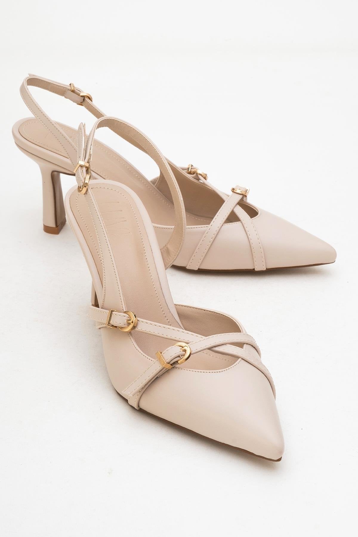 Biana - Beige Pointed Toe Stiletto Pump – front three-quarter view showing leather, Vowalisse