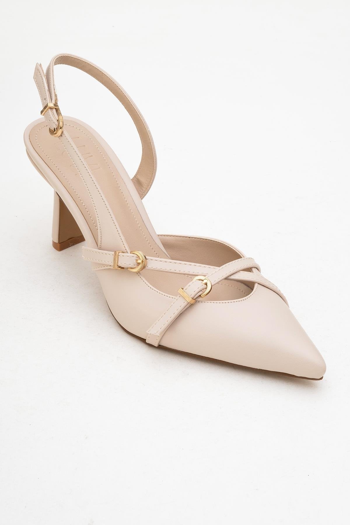 Biana - Beige Pointed Toe Stiletto Pump – detail view showing leather, Vowalisse