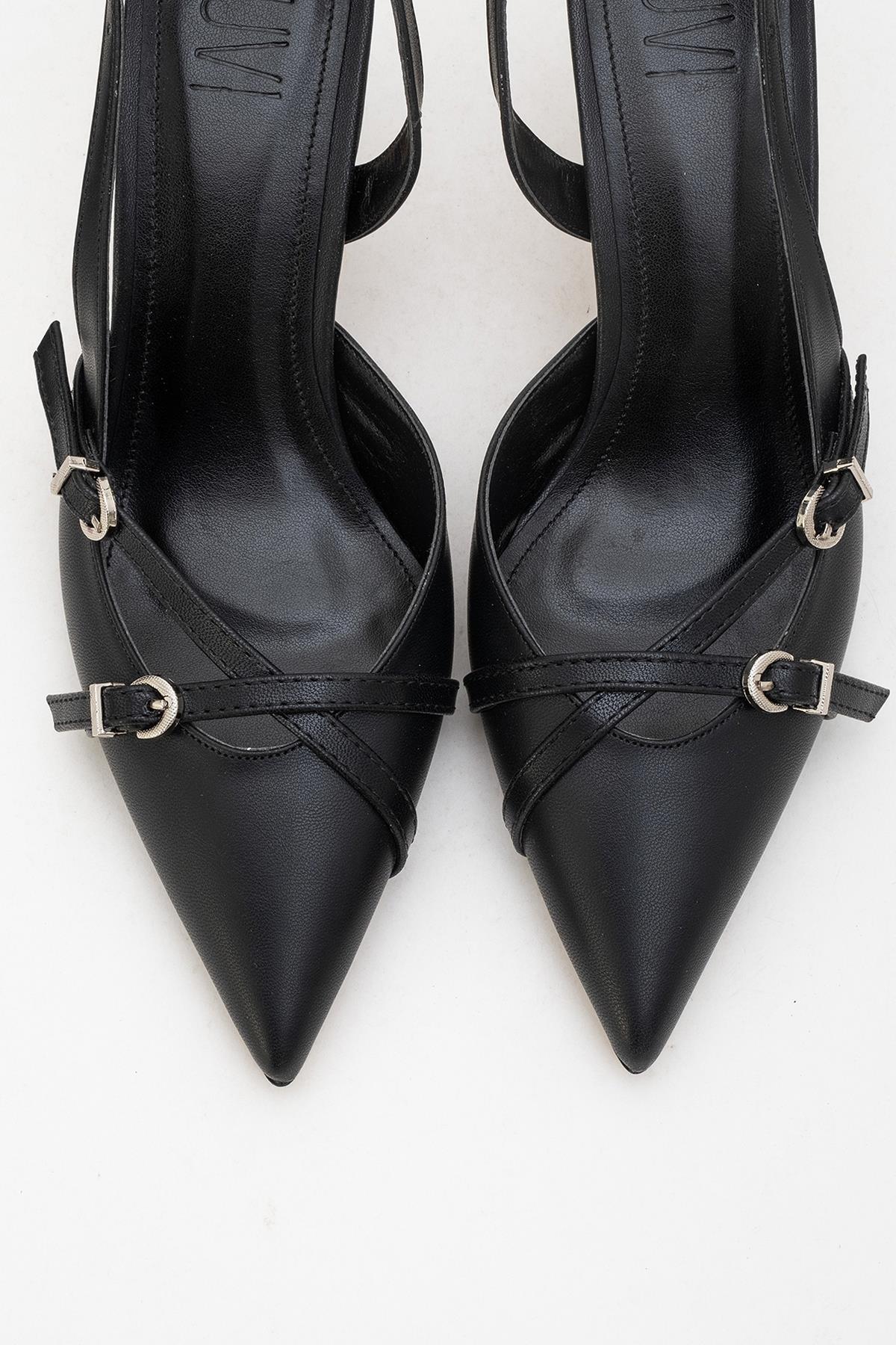 Biana - Black Buckle Pointed Toe Pump – side view showing leather, black, Vowalisse