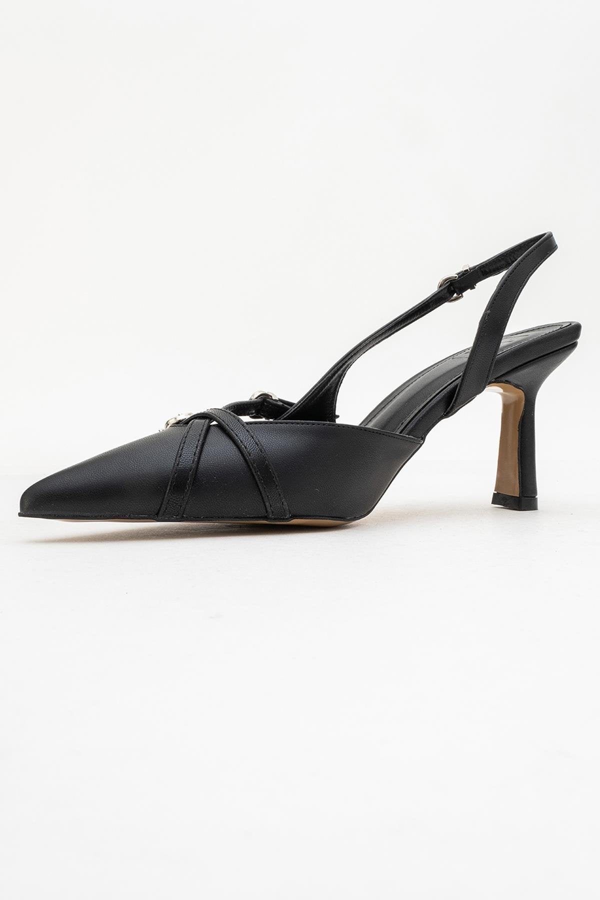 Biana - Black Buckle Pointed Toe Pump – heel view showing leather, black, Vowalisse