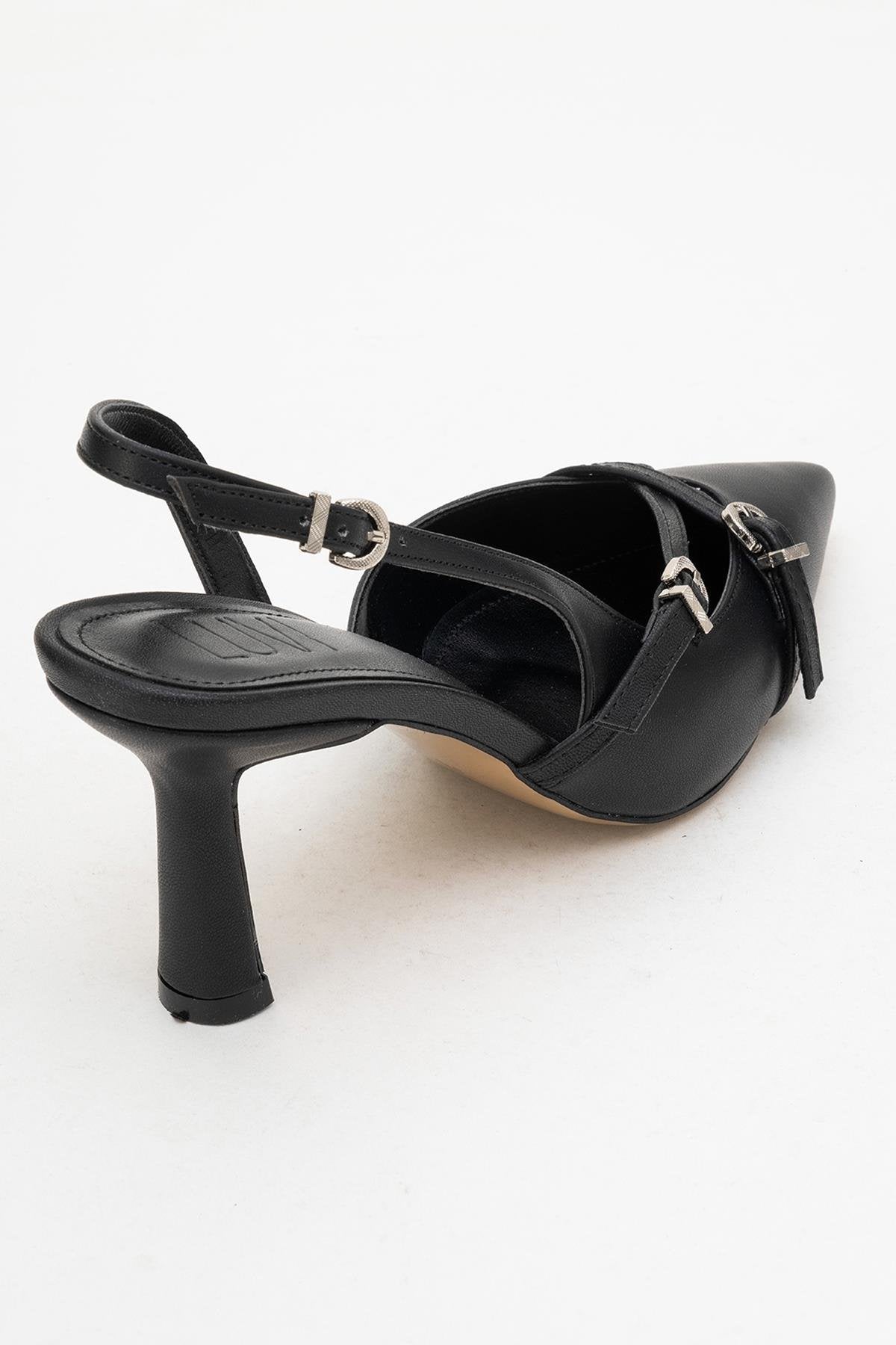 Biana - Black Buckle Pointed Toe Pump – back view showing leather, black, Vowalisse