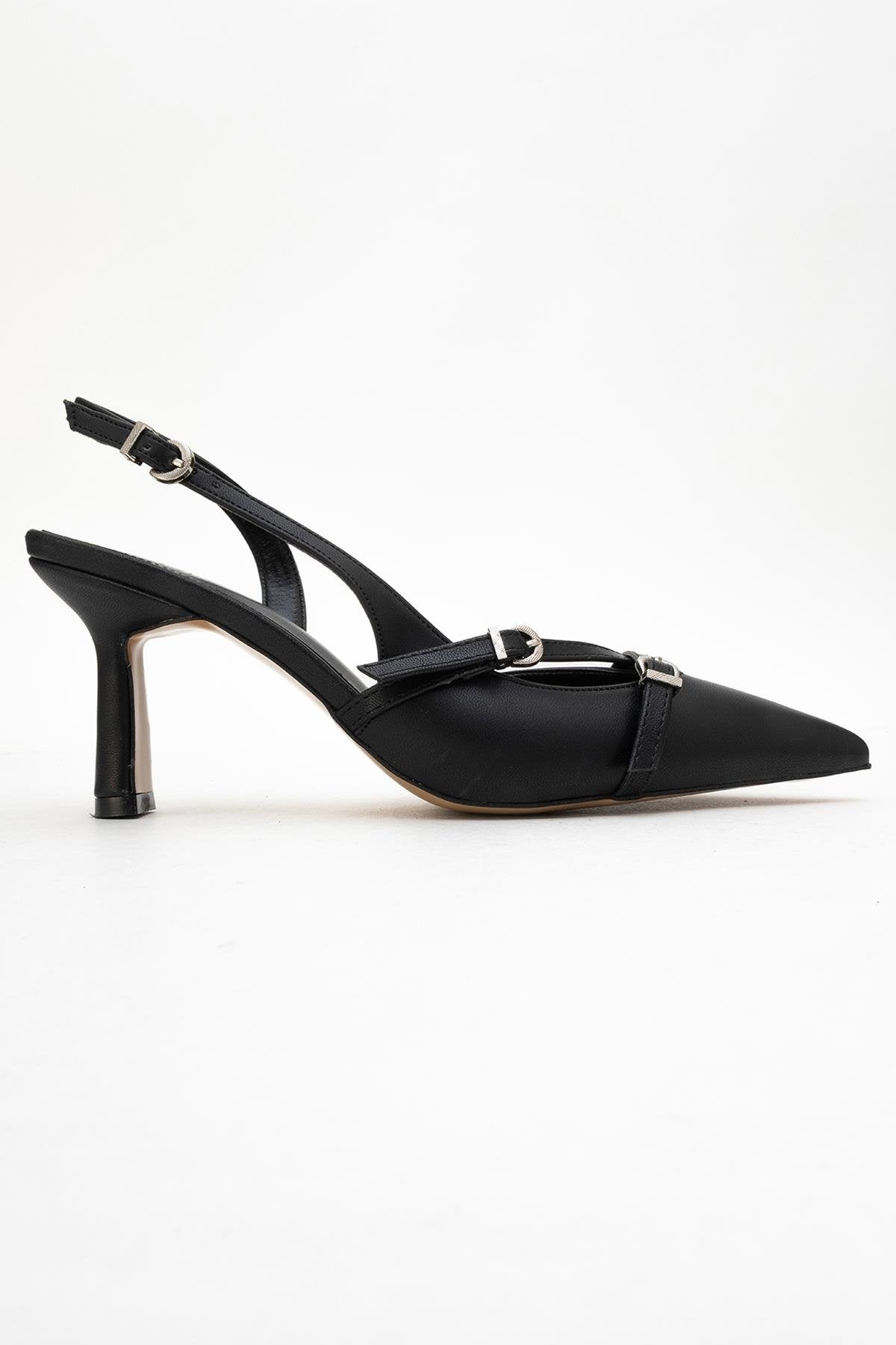 Biana - Black Buckle Pointed Toe Pump – top view showing leather, black, Vowalisse