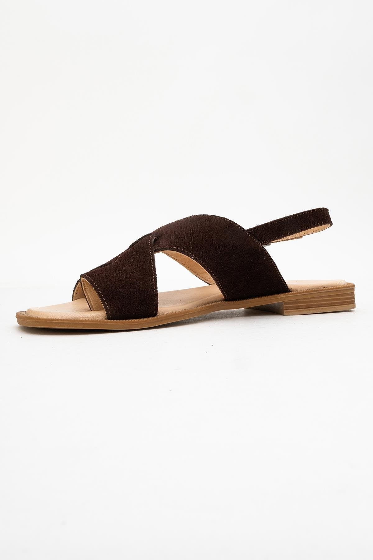 Louna - Brown Suede Leather Thong Sandals – heel view showing leather, suede, Vowalisse