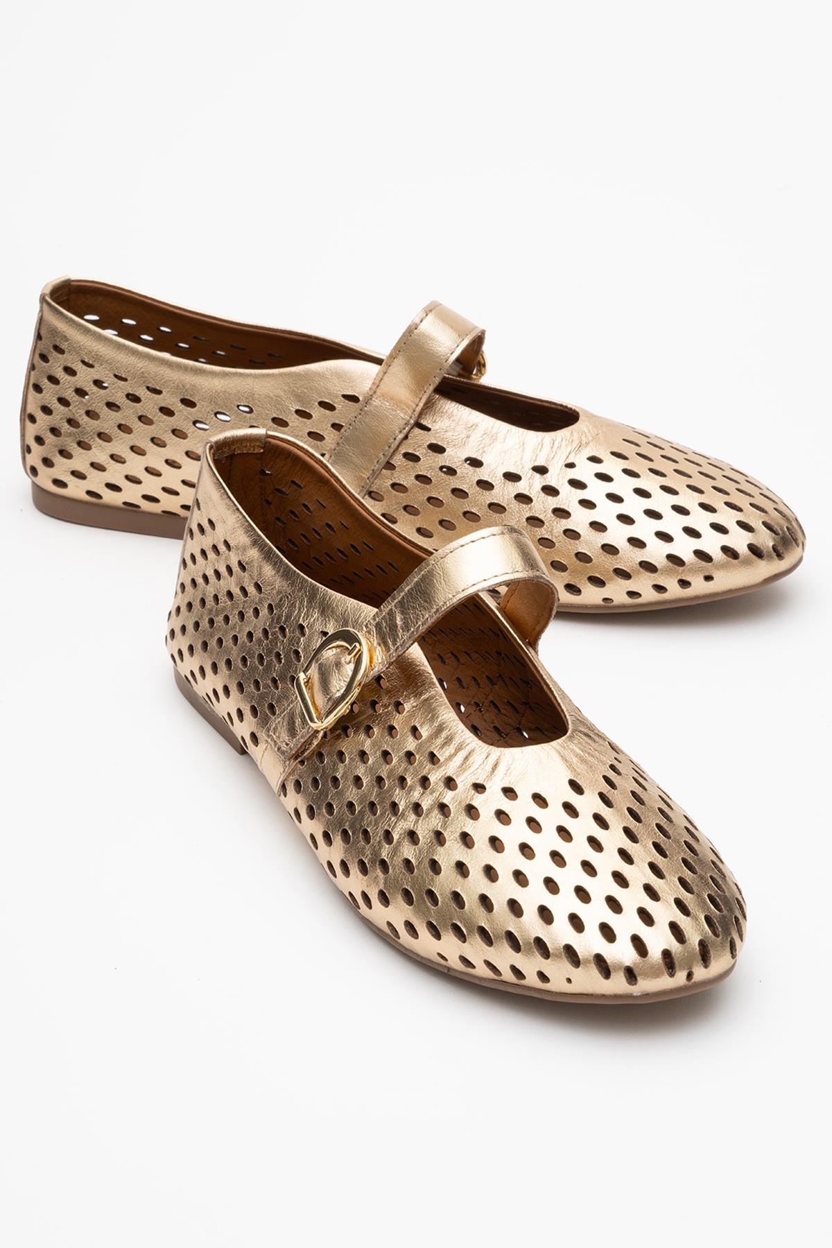 Arian Gold Leather Ballet Flat – front three-quarter view showing leather, gold, red, Vowalisse