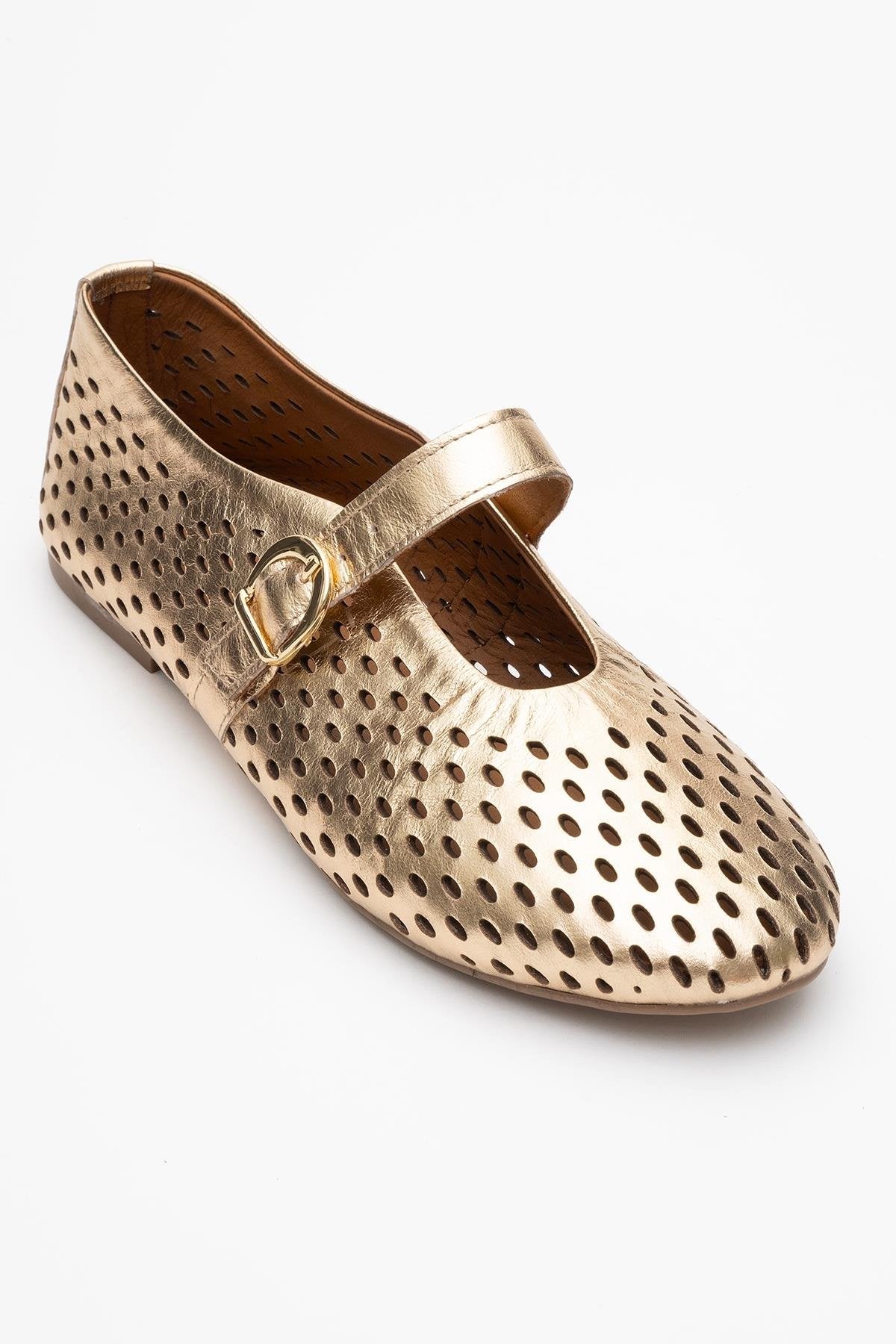 Arian Gold Leather Ballet Flat – detail view showing leather, gold, red, Vowalisse