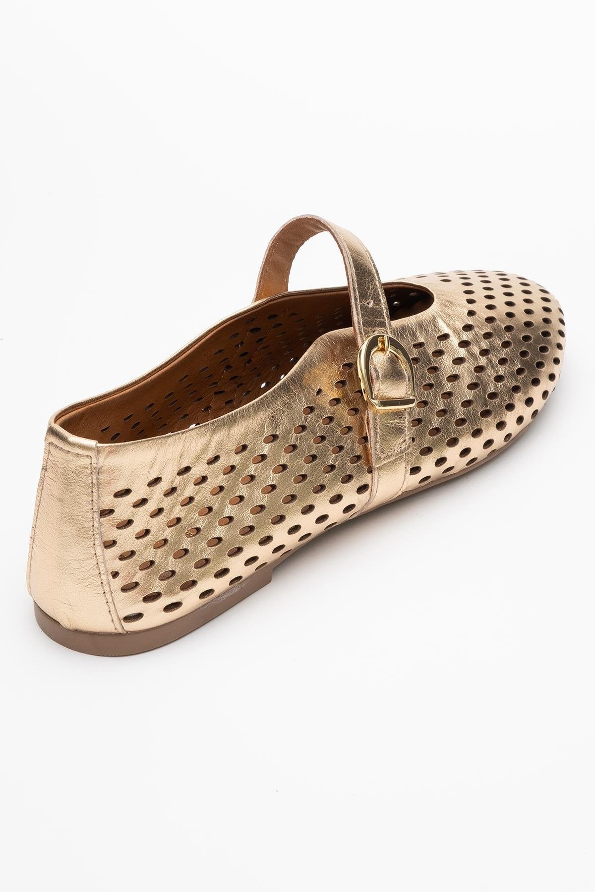 Arian Gold Leather Ballet Flat – back view showing leather, gold, red, Vowalisse