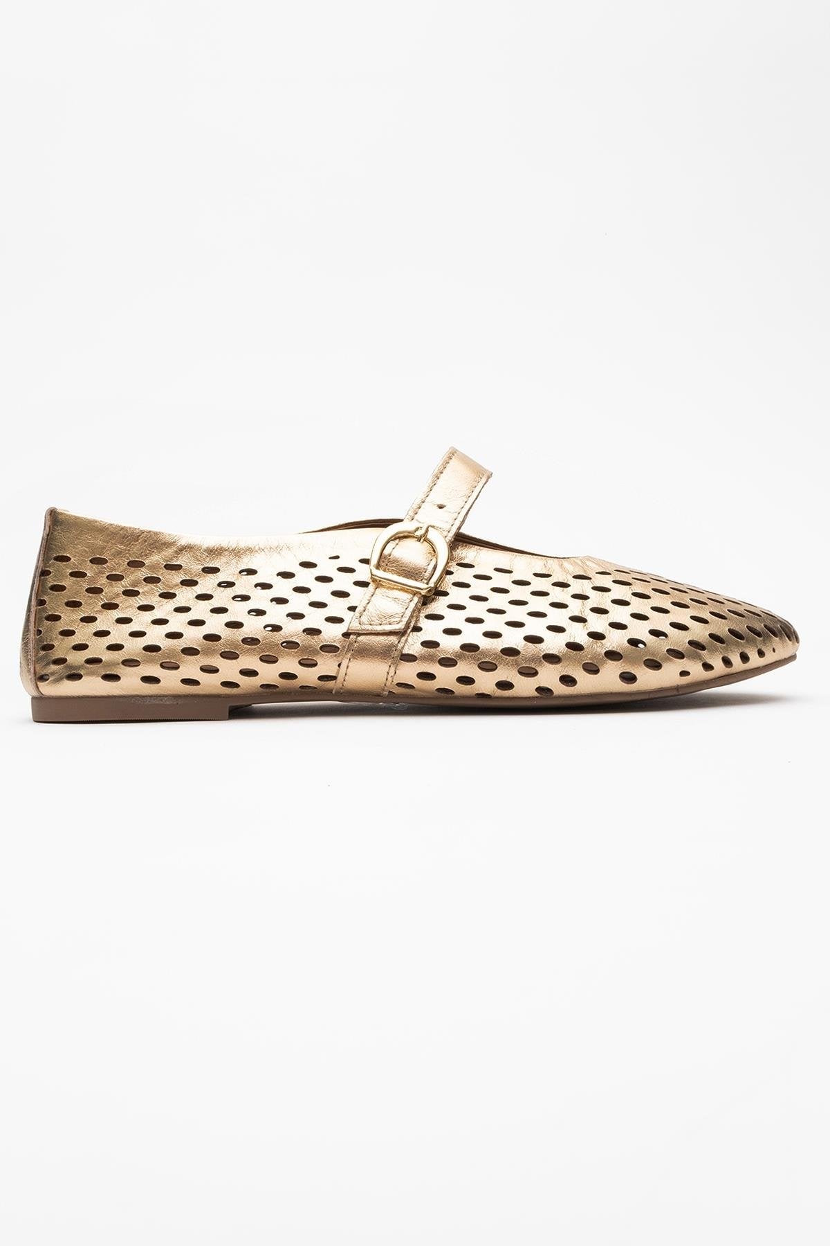 Arian Gold Leather Ballet Flat – top view showing leather, gold, red, Vowalisse